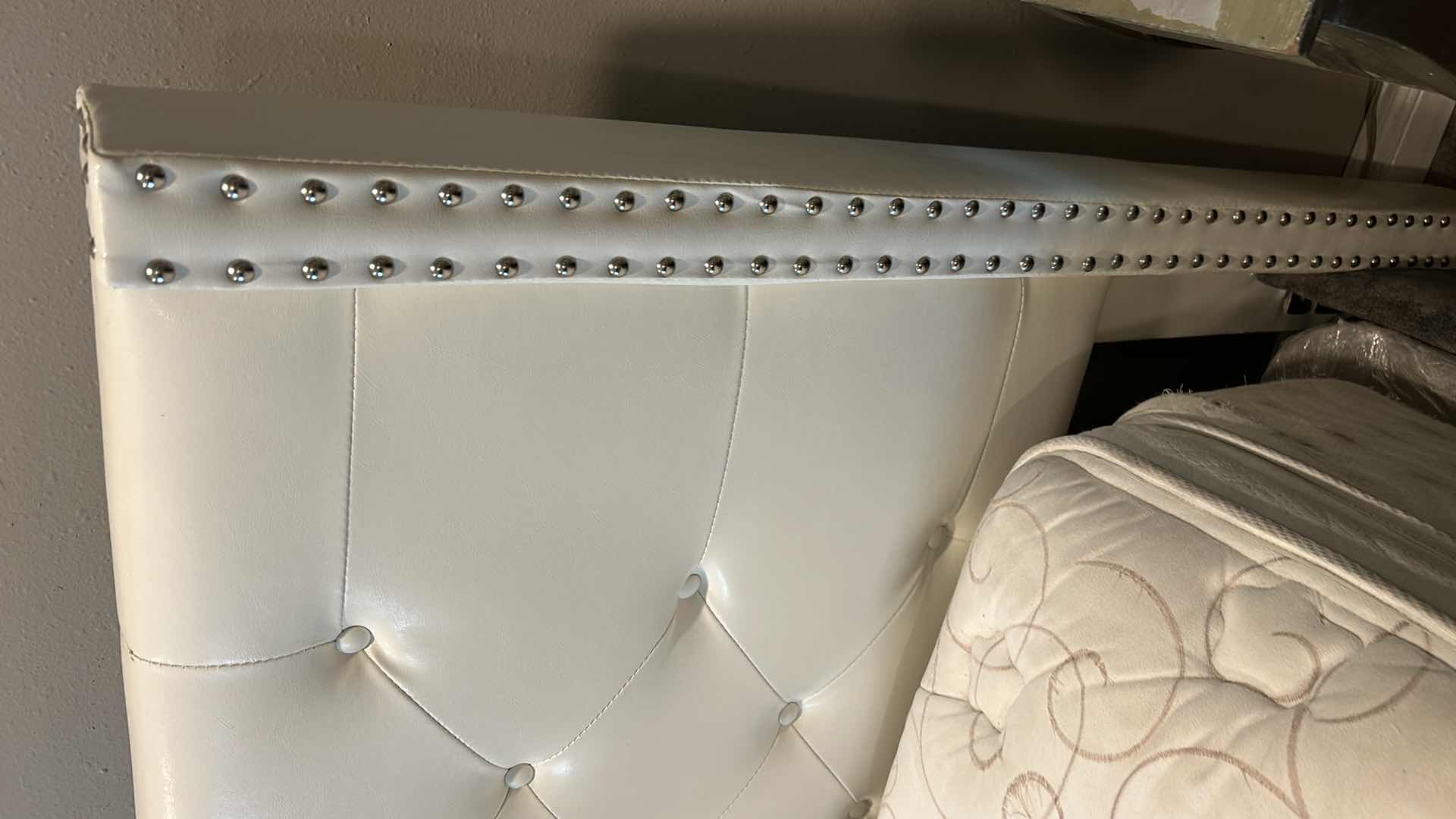 Photo 1 of KING GREY VELVET BED FRAME 78” x 83.5” AND IVORY BOLSTERED HEADBOARD 83” x H 50”