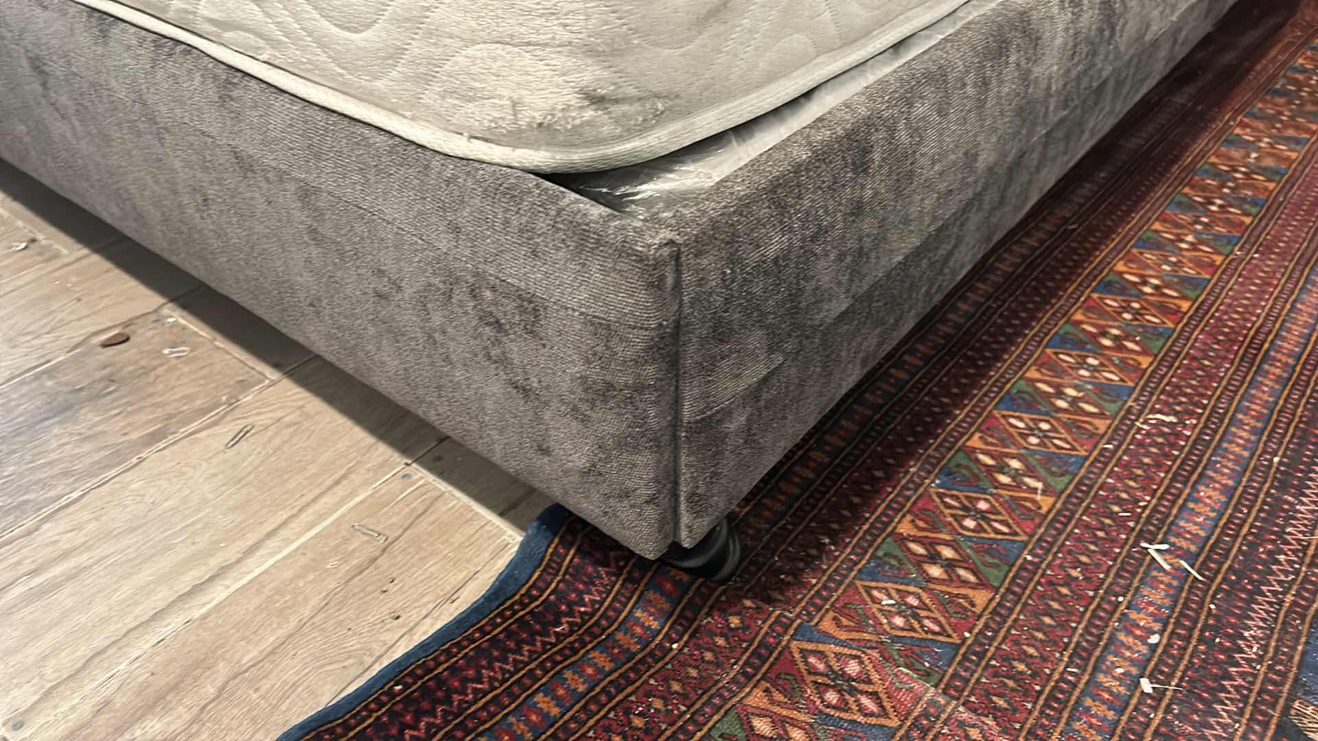 Photo 1 of KING GREY VELVET BED FRAME 78” x 83.5” AND IVORY BOLSTERED HEADBOARD 83” x H 50”