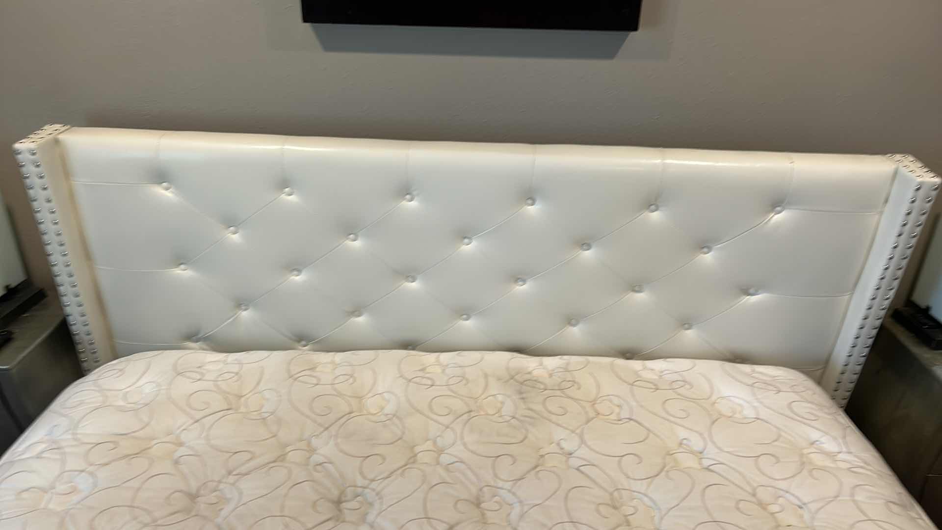 Photo 1 of KING GREY VELVET BED FRAME 78” x 83.5” AND IVORY BOLSTERED HEADBOARD 83” x H 50”