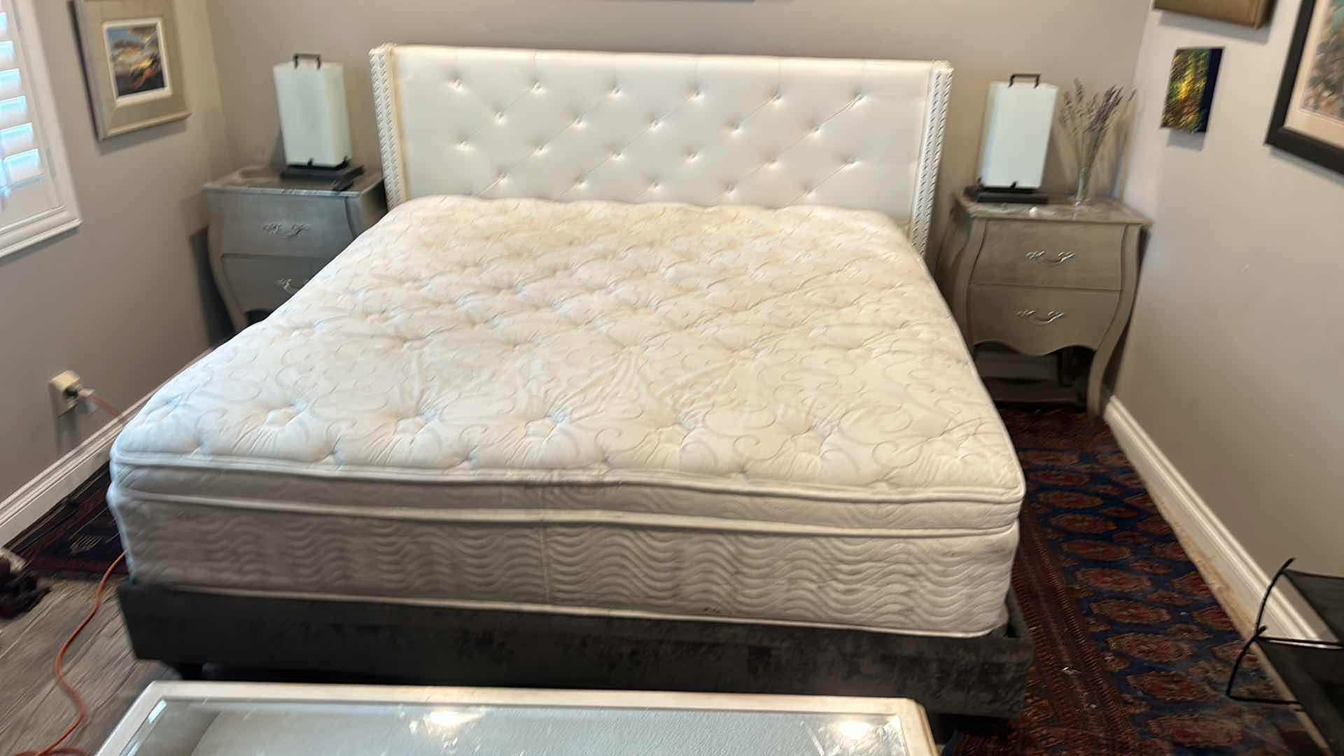 Photo 1 of KING GREY VELVET BED FRAME 78” x 83.5” AND IVORY BOLSTERED HEADBOARD 83” x H 50”