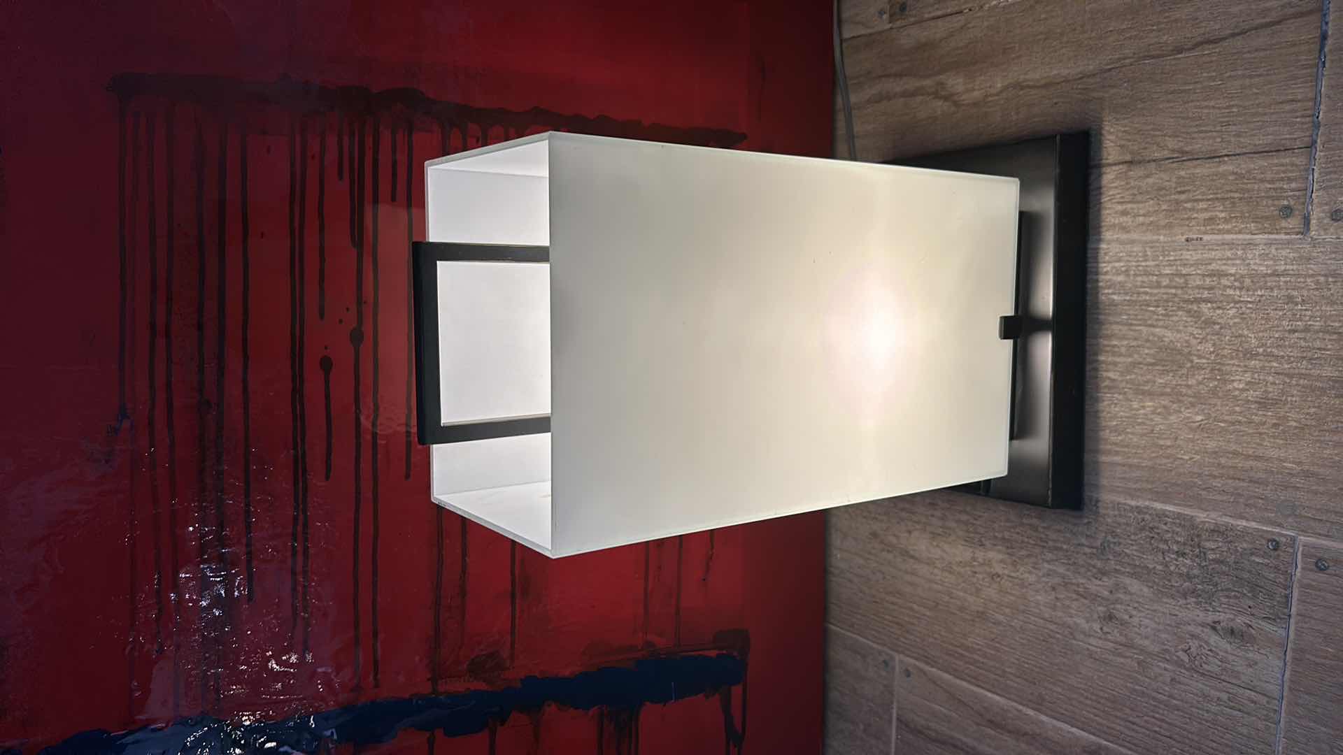 Photo 1 of MODERN BLACK METAL LAMP WITH MILKY GLASS SHADE H18.5”