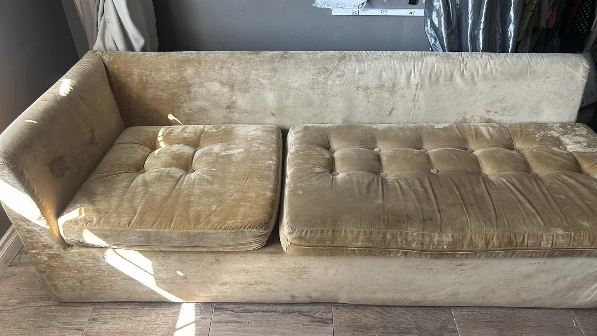 Photo 1 of 99.5" LONG X H 30” GOLD VELVET LOUNGER SOFA.