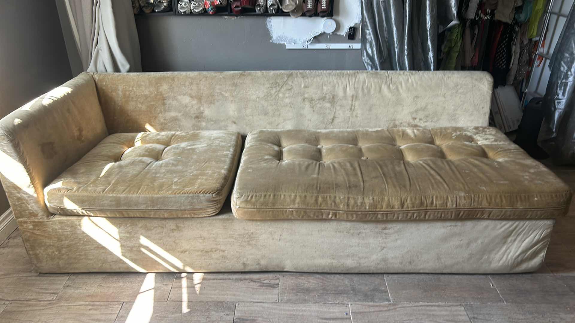 Photo 1 of 99.5" LONG X H 30” GOLD VELVET LOUNGER SOFA.