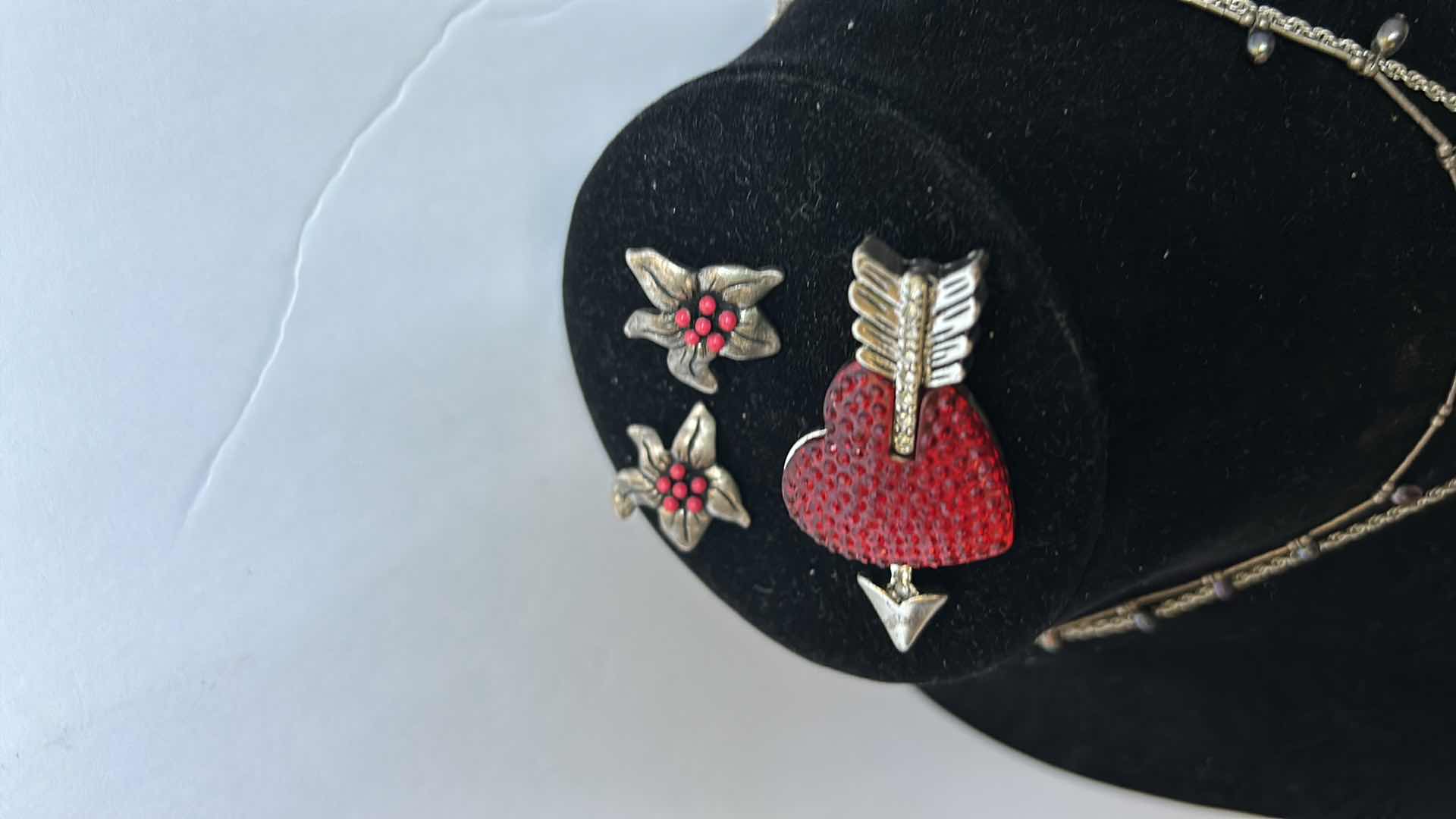 Photo 1 of COSTUME JEWELRY. TWO NECKLACES, A PIN, AND A PAIR OF EARRINGS.