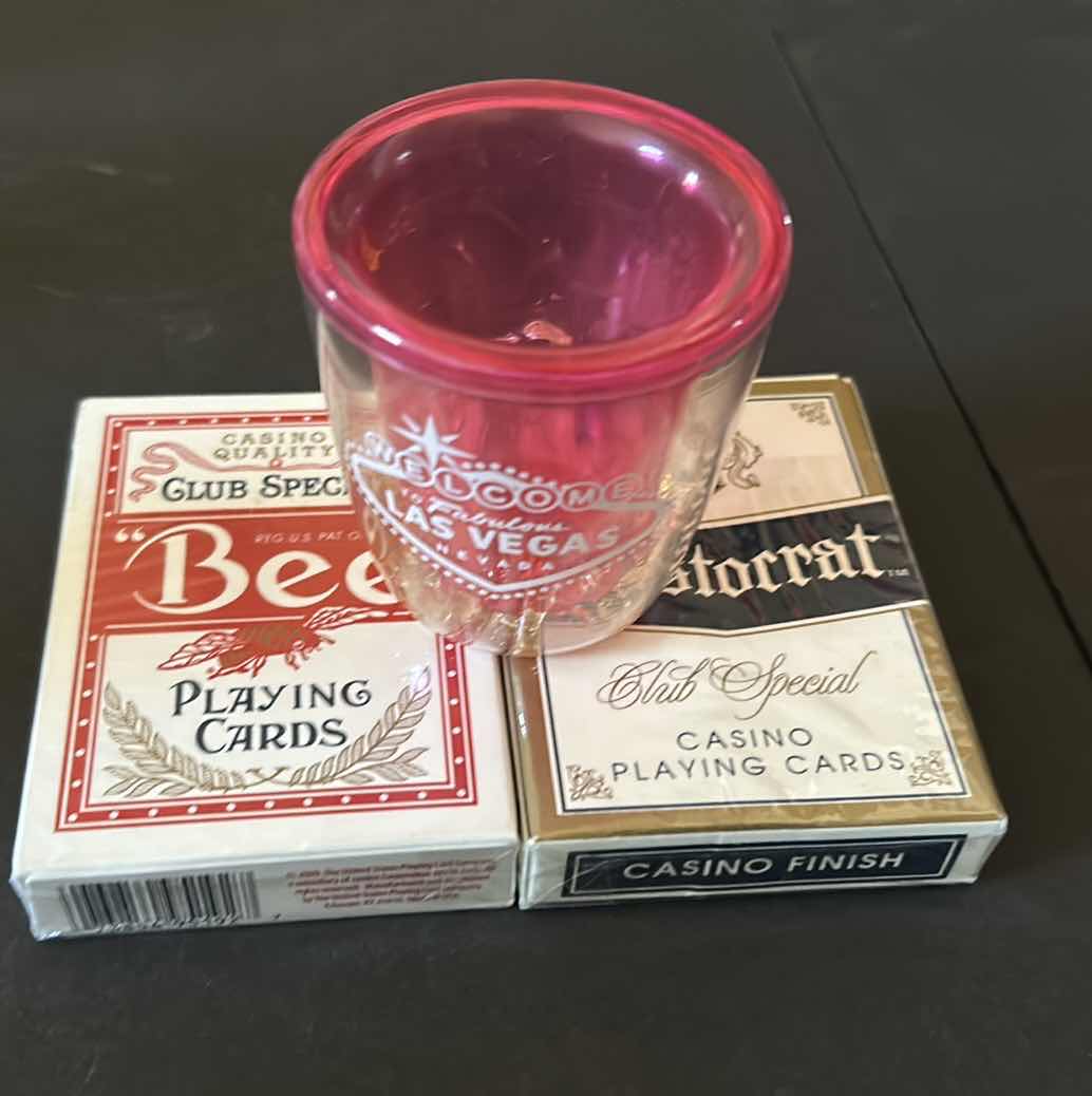Photo 1 of 2 PACKS LAS VEGAS CASINO PLAYING CARDS AND SHOTGLASS