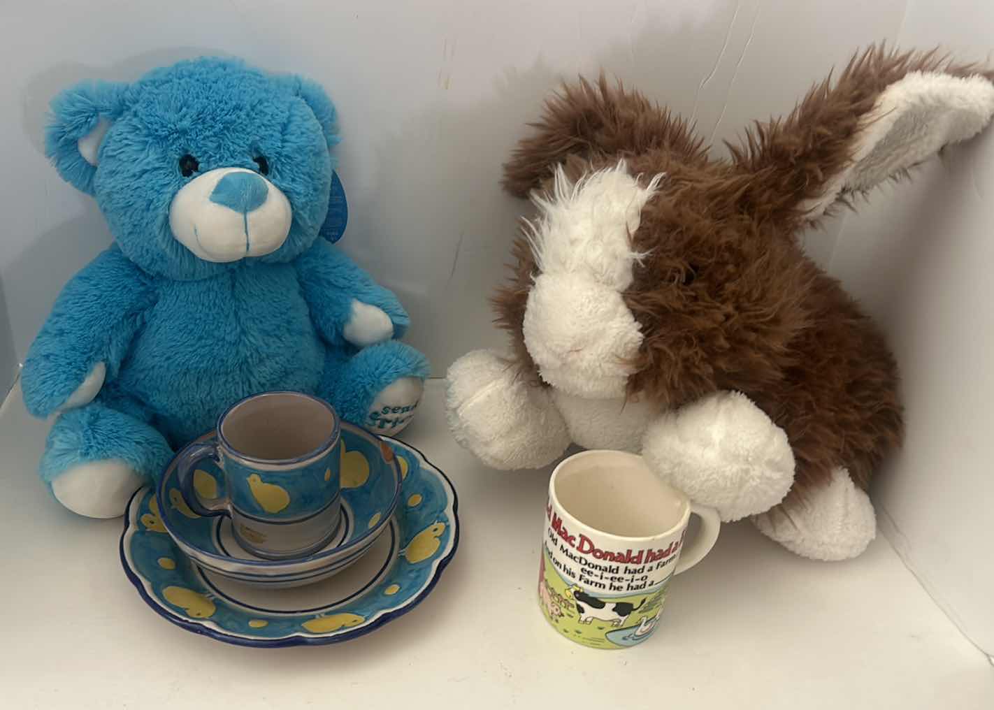 Photo 1 of CHILDS TEA PARTY - 2 STUFFED ANIMALS AND SERVING DISHES MADE IN ITALY VIETKI AND MUGS