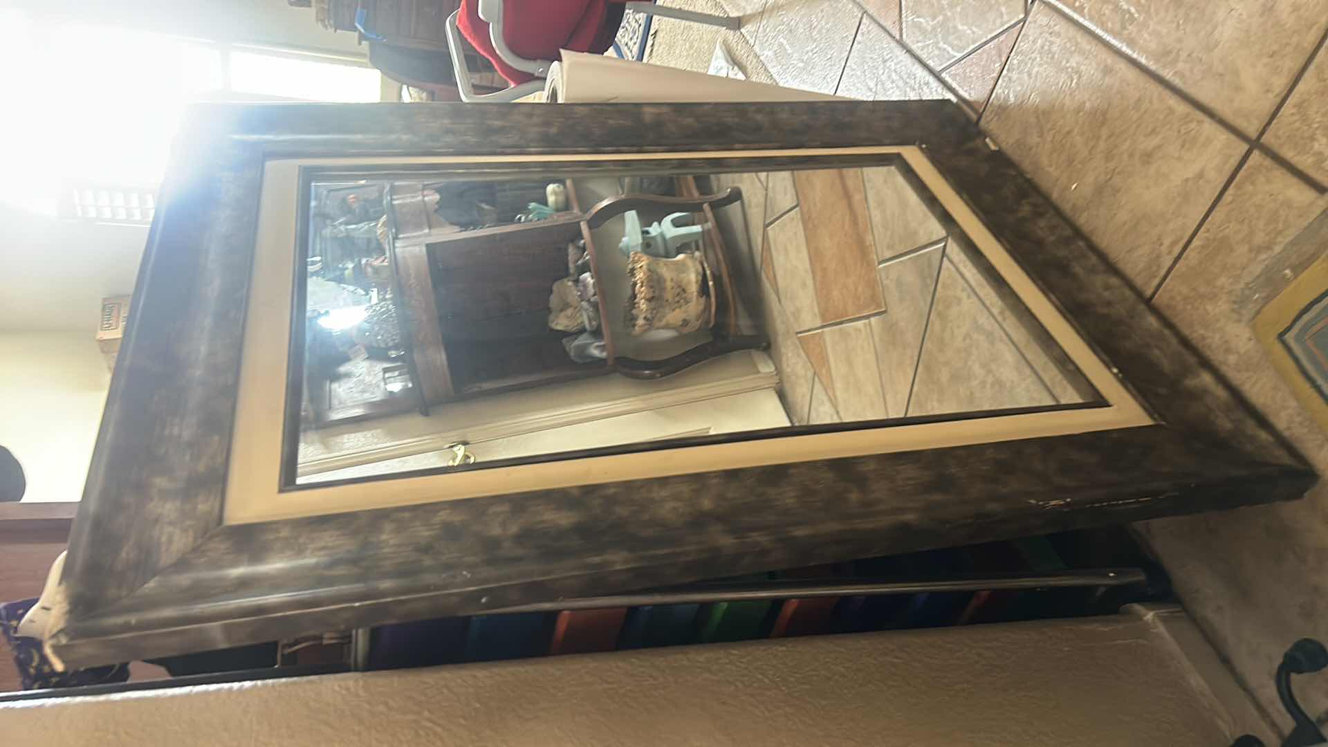 Photo 1 of HEAVY WOOD FRAMED MIRROR 31.5”X H44”.