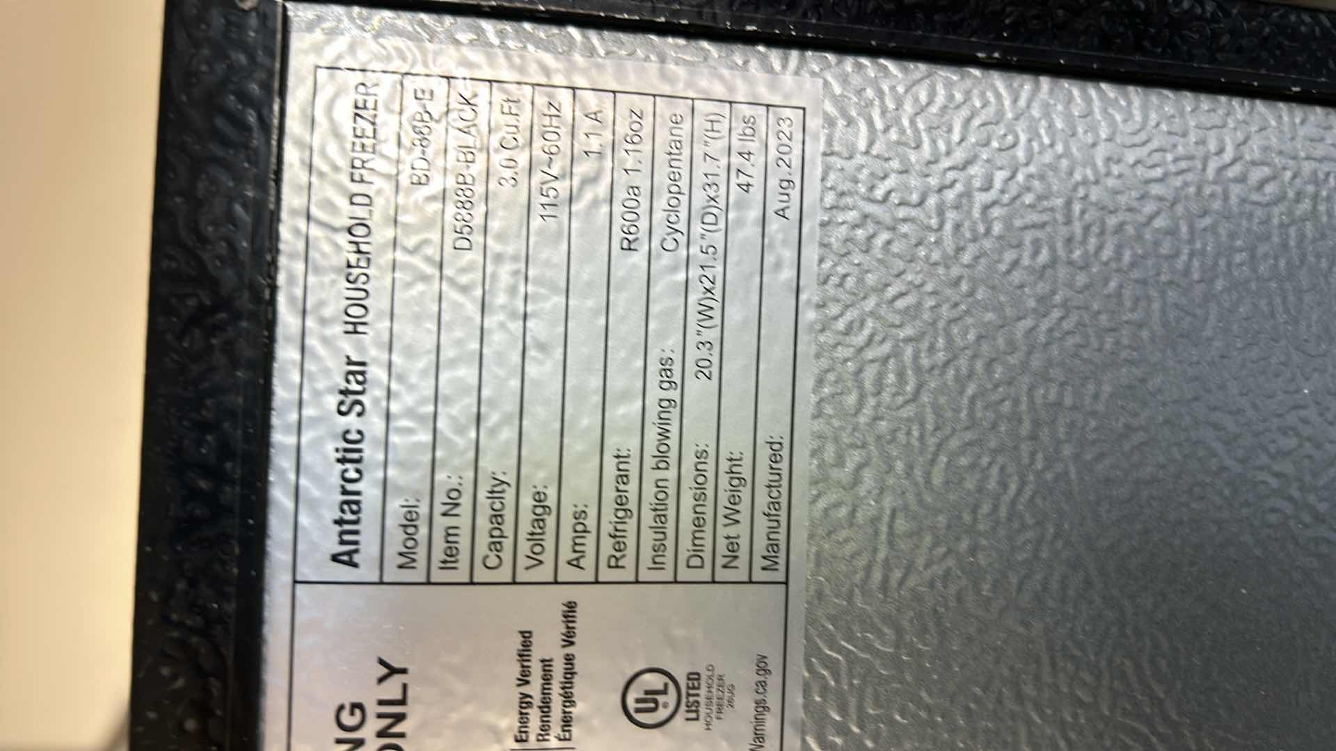 Photo 1 of ANTARCTIC STAR HOUSEHOLD FREEZER, BLACK, 3.0 CUBIC FEET.