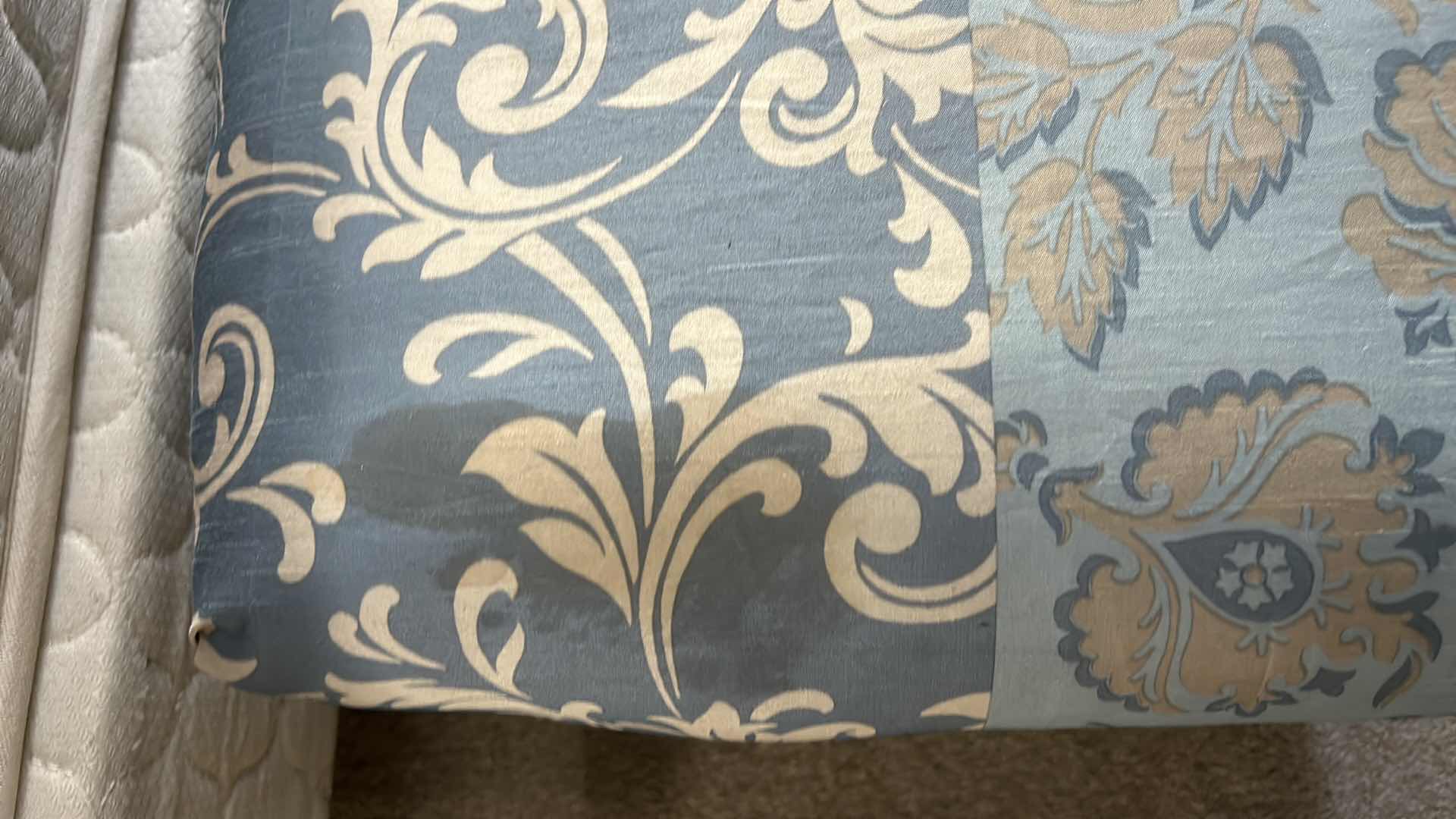 Photo 1 of BLUE AND IVORY UPHOLSTERED BENCH 37” x 19” x H18”