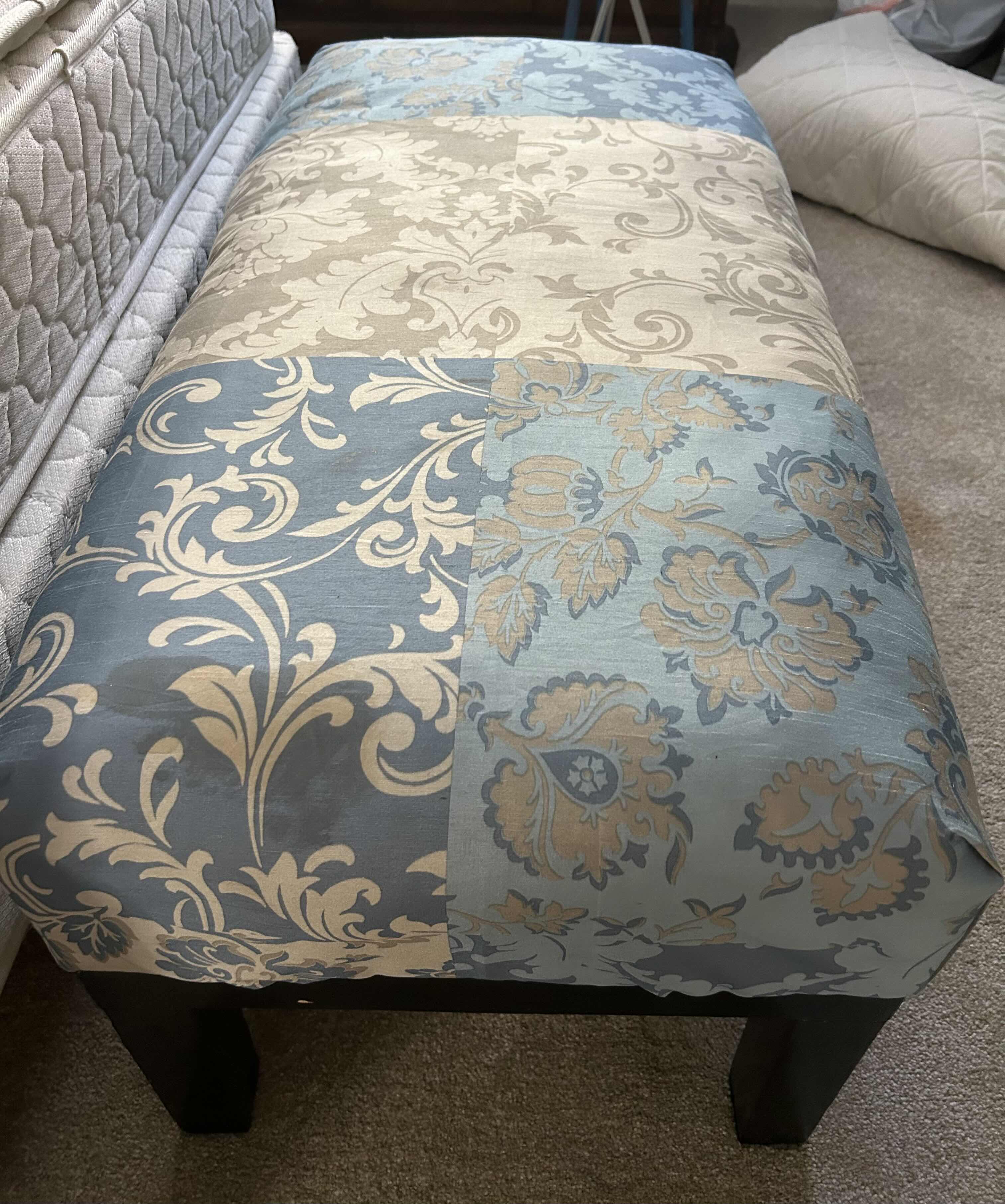 Photo 1 of BLUE AND IVORY UPHOLSTERED BENCH 37” x 19” x H18”