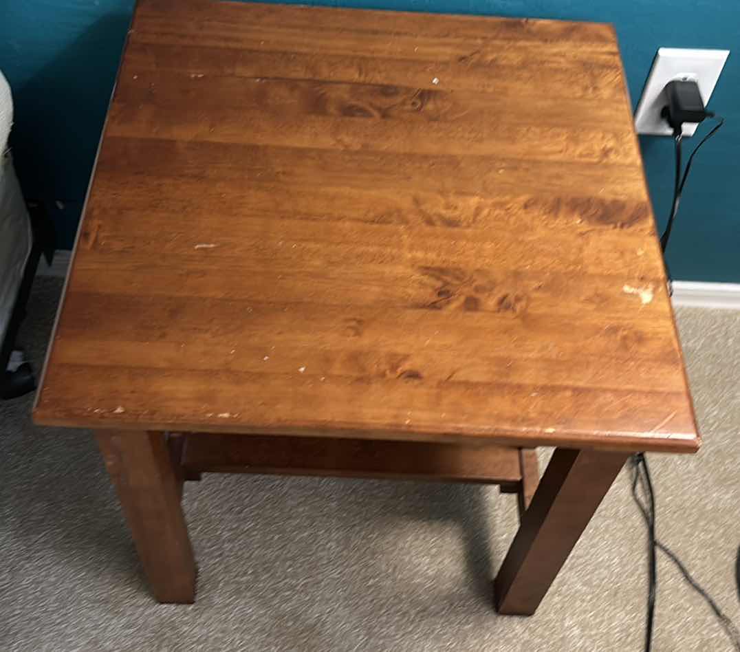 Photo 1 of 2 - SMALL WOOD TABLES, 20” X 20” X 20”.