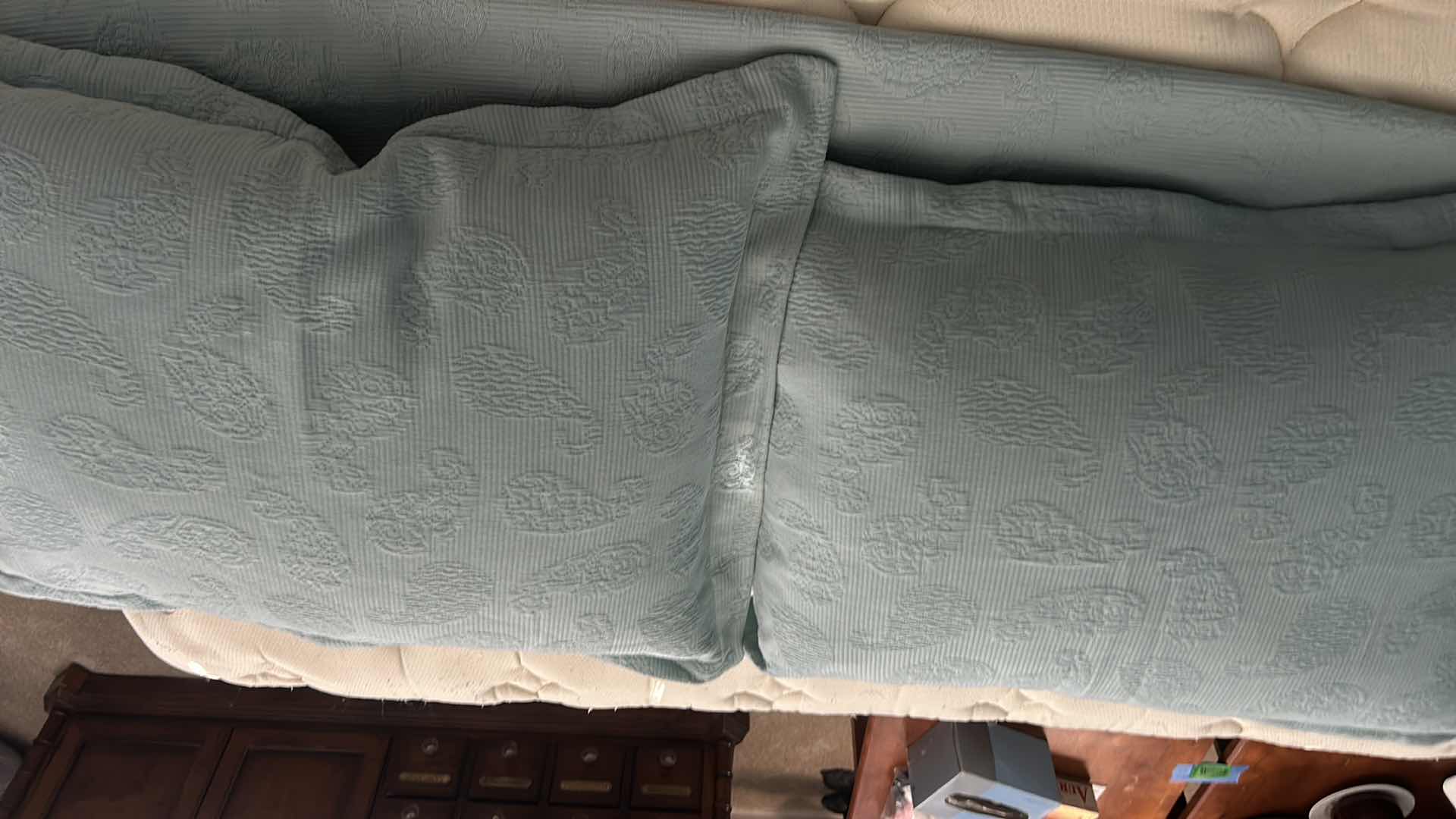 Photo 1 of QUEEN BEDSPREAD, TWO SHAMS, AND TWO TOSS PILLOWS IN BLUE.