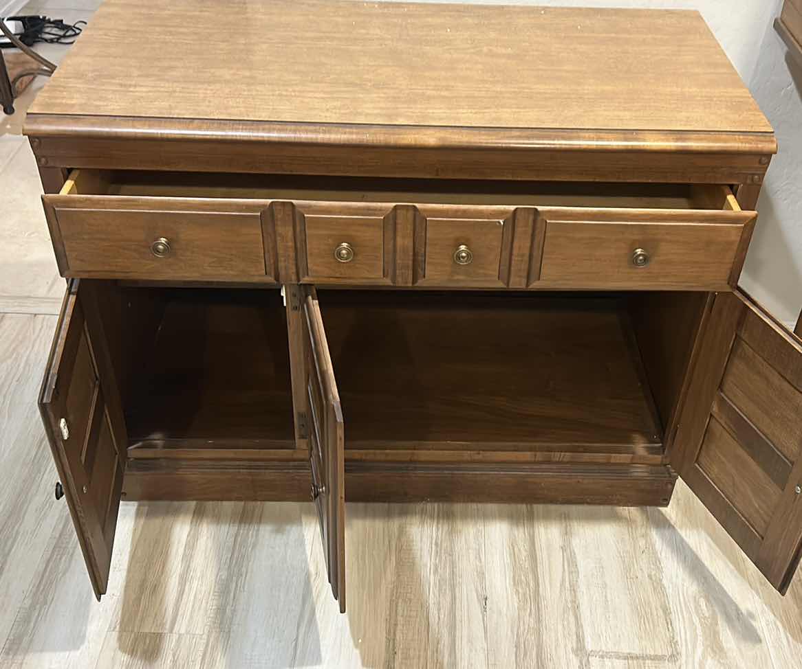Photo 1 of VINTAGE HAYWOOD WAKEFIELD ONE-DRAWER, THREE-DOOR WOOD CABINET. 
40“ x 19 1/2“ x H 31”