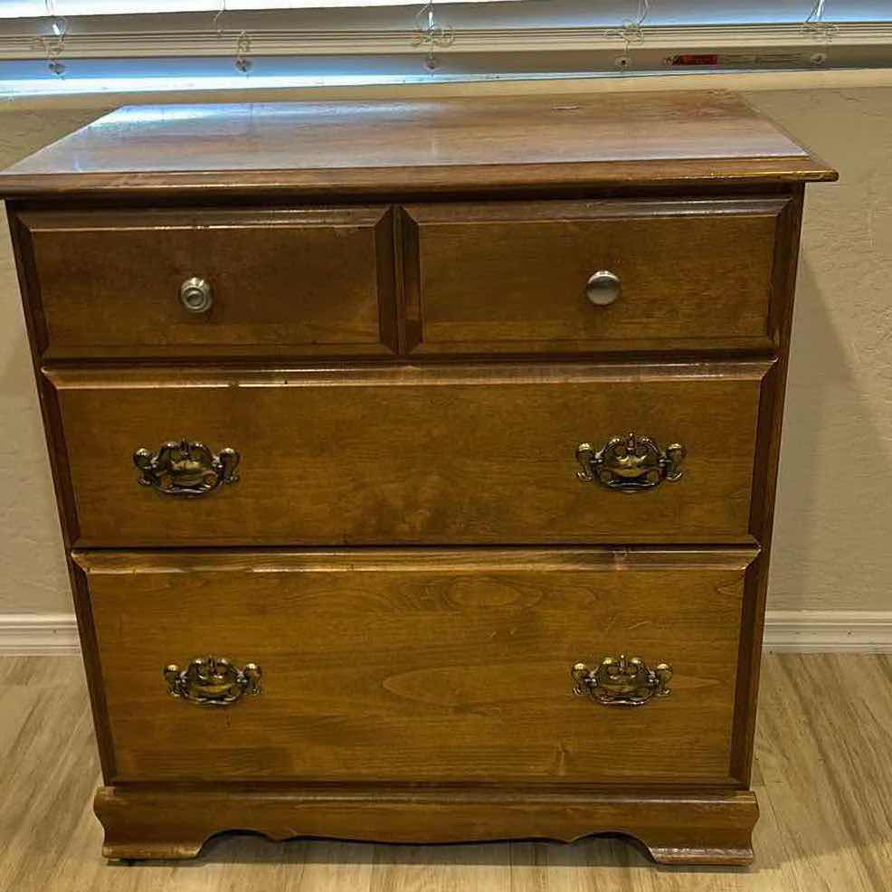 View 1 of SMALL VINTAGE 3-DRAWER WOOD CABINET. 30”X18”XH30.5”.