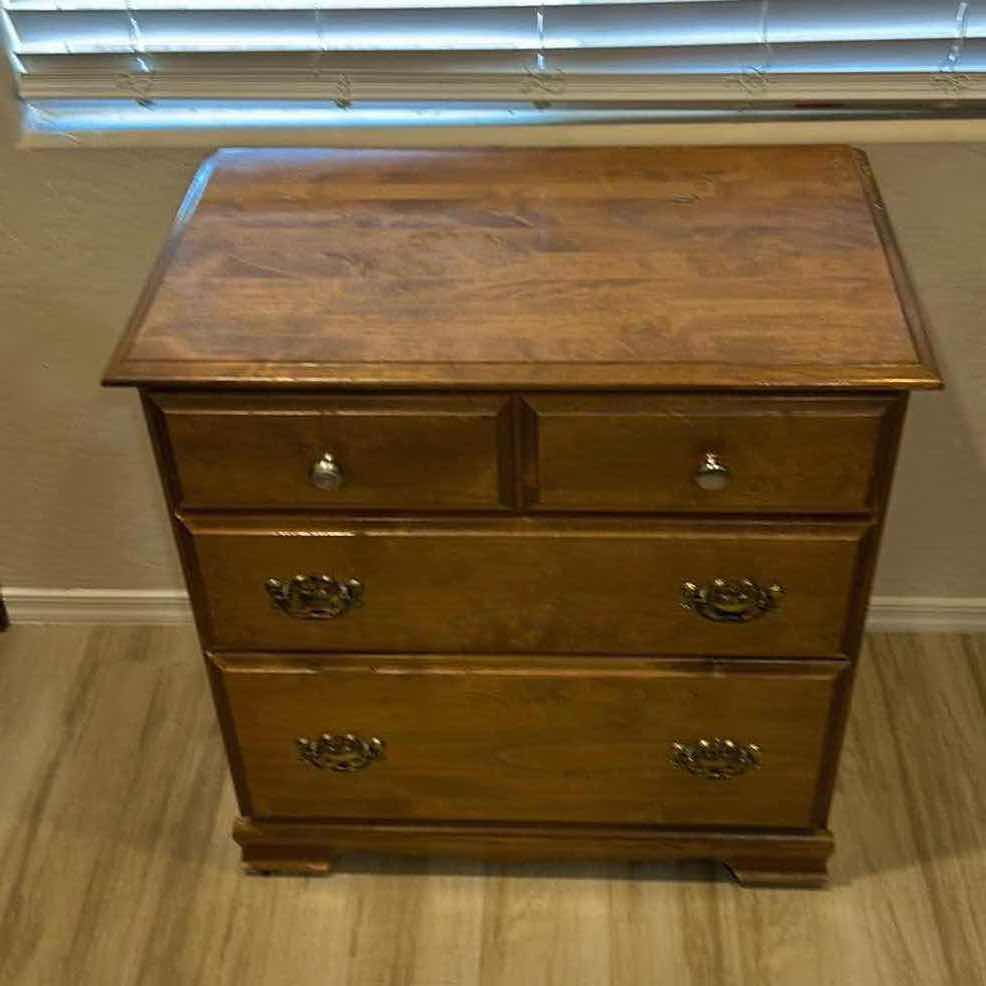 View 2 of SMALL VINTAGE 3-DRAWER WOOD CABINET. 30”X18”XH30.5”.