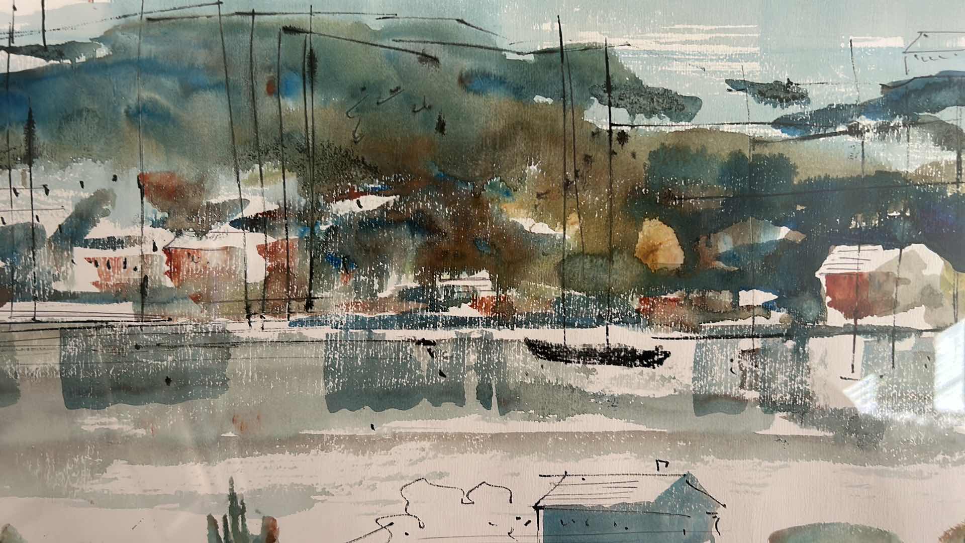 Photo 1 of FRAMED, SIGNED, ORIGINAL WATERCOLOR, “SAILBOAT
VILLAGE”  BY BIRDSEY ARTWORK.27.5” x 23.5”