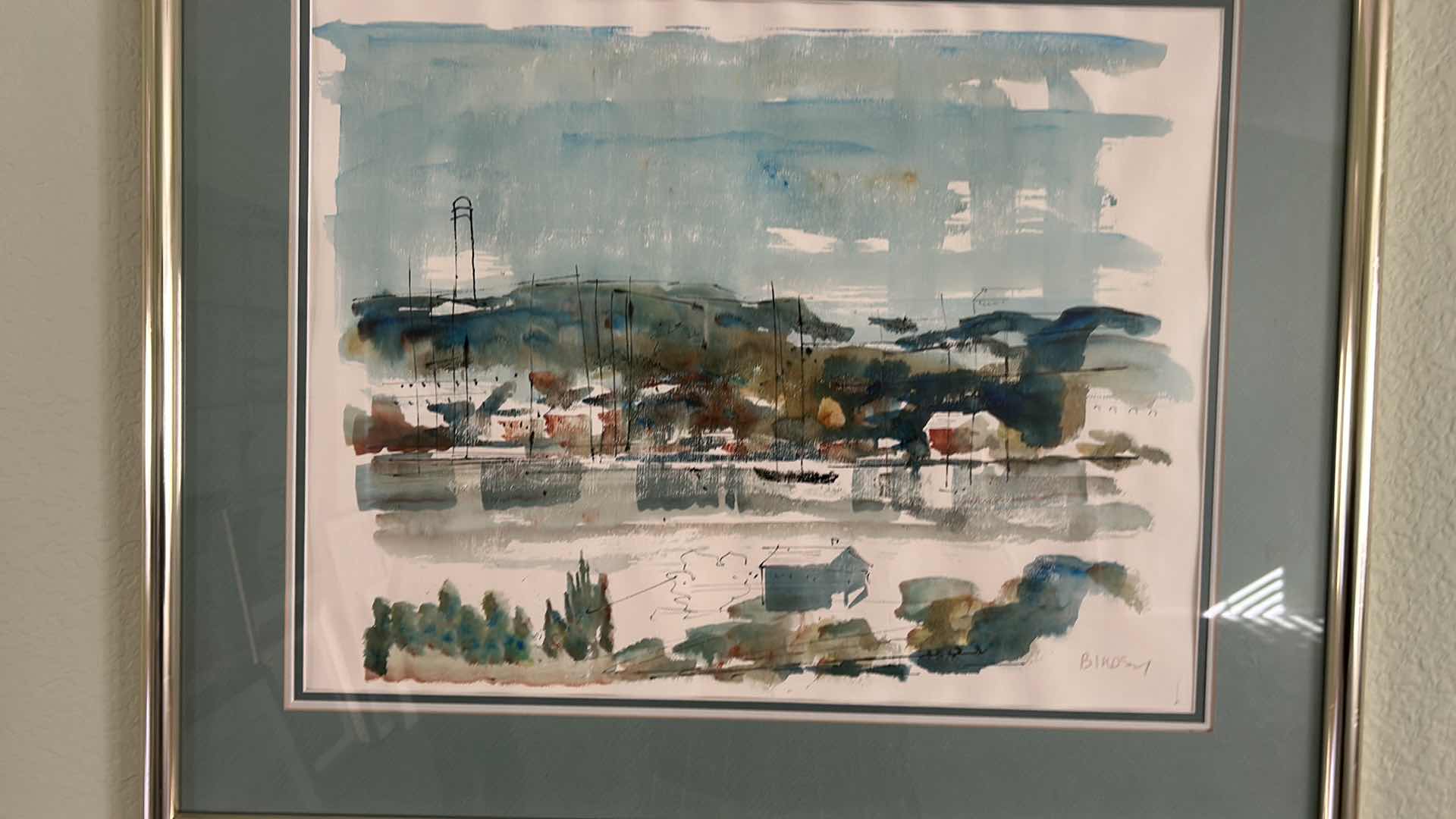 Photo 1 of FRAMED, SIGNED, ORIGINAL WATERCOLOR, “SAILBOAT
VILLAGE”  BY BIRDSEY ARTWORK.27.5” x 23.5”