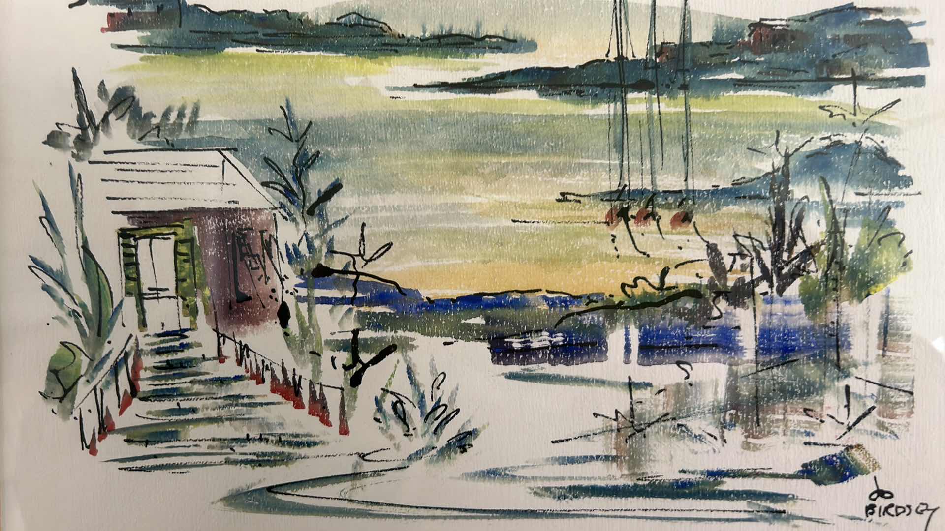 Photo 1 of WOOD-FRAMED WATERCOLOR, “SEASIDE VILLAGE” ARTIST-SIGNED BIRDSEY. 18” X 15”. APPRAISAL $400- 500