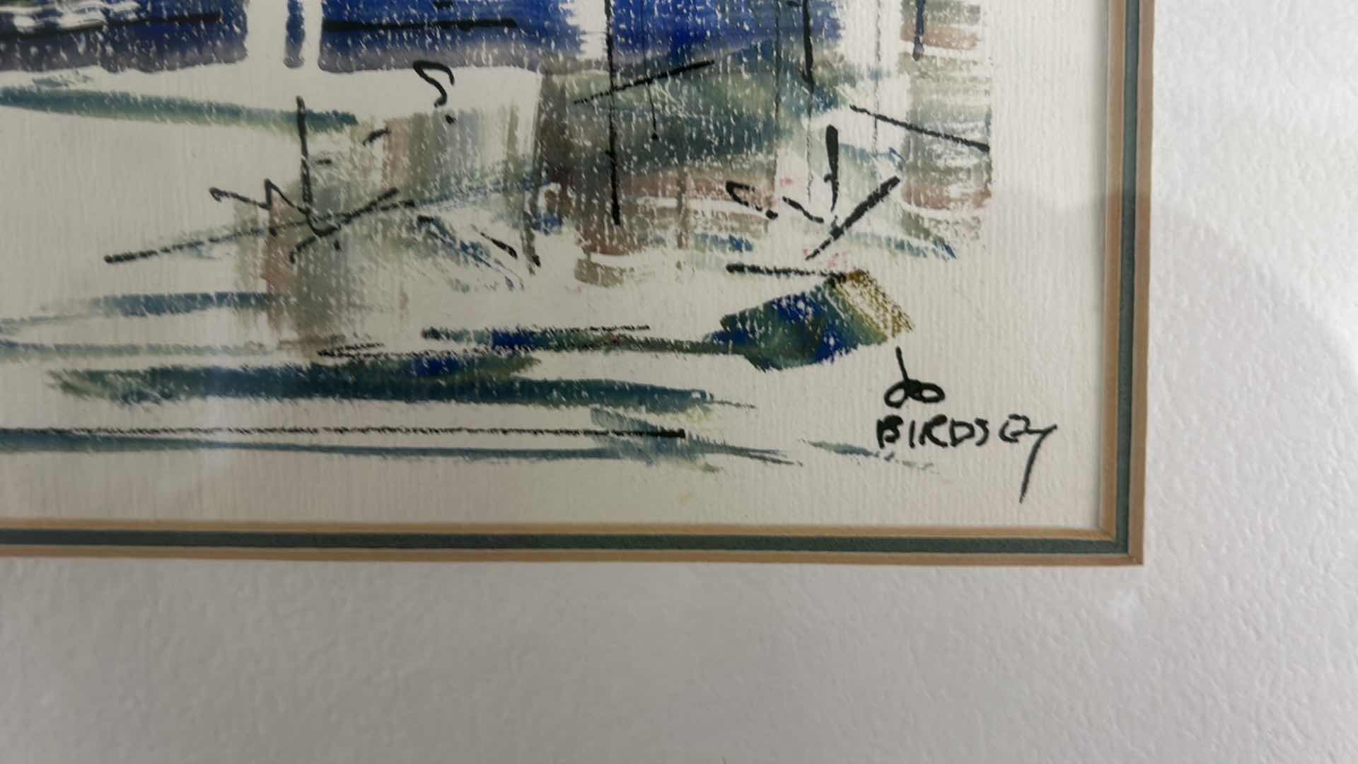 Photo 1 of WOOD-FRAMED WATERCOLOR, “SEASIDE VILLAGE” ARTIST-SIGNED BIRDSEY. 18” X 15”. APPRAISAL $400- 500