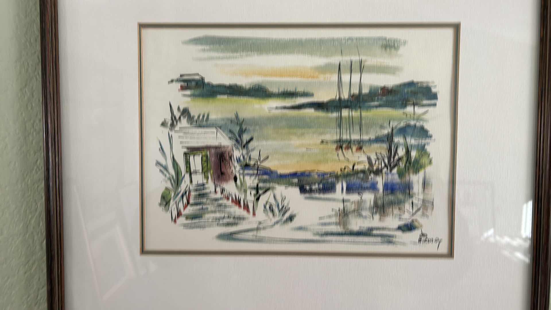 Photo 1 of WOOD-FRAMED WATERCOLOR, “SEASIDE VILLAGE” ARTIST-SIGNED BIRDSEY. 18” X 15”. APPRAISAL $400- 500