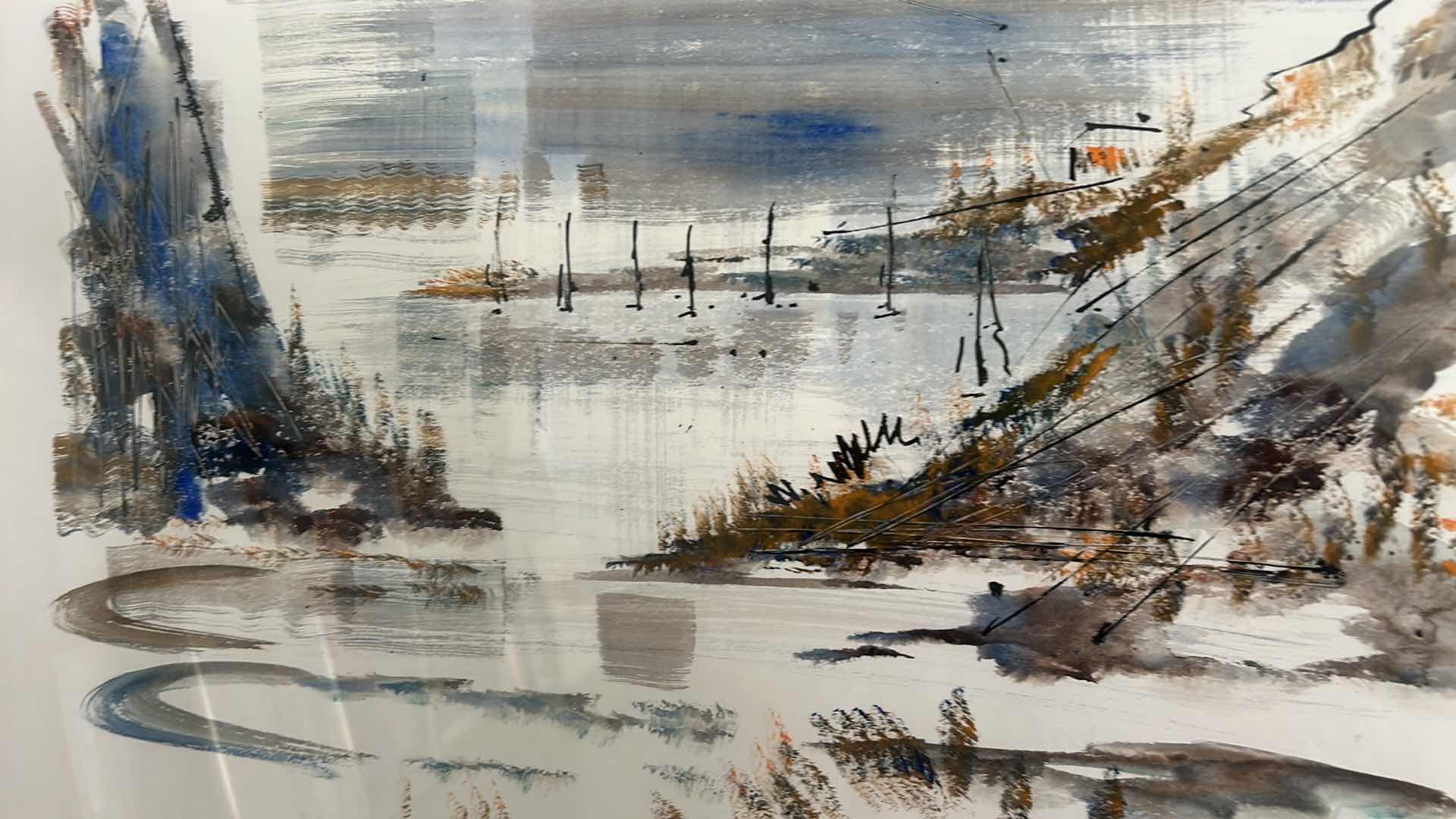 Photo 1 of GOLD-FRAMED “SEASIDE VILLAGE” WATERCOLOR BY BIRDSY. ARTWORK 29 1/4” X 24 1/4”.