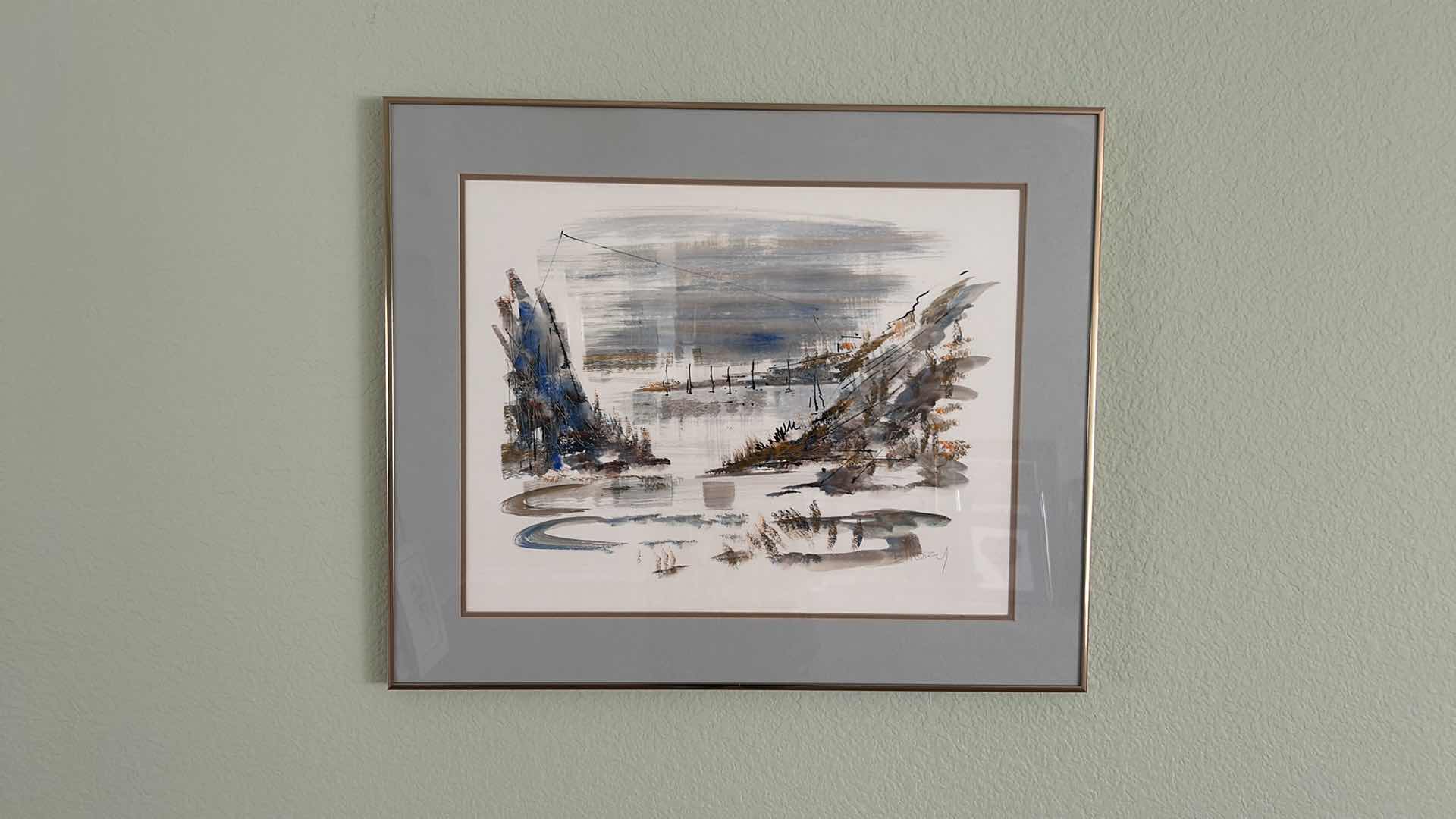 Photo 1 of GOLD-FRAMED “SEASIDE VILLAGE” WATERCOLOR BY BIRDSY. ARTWORK 29 1/4” X 24 1/4”.