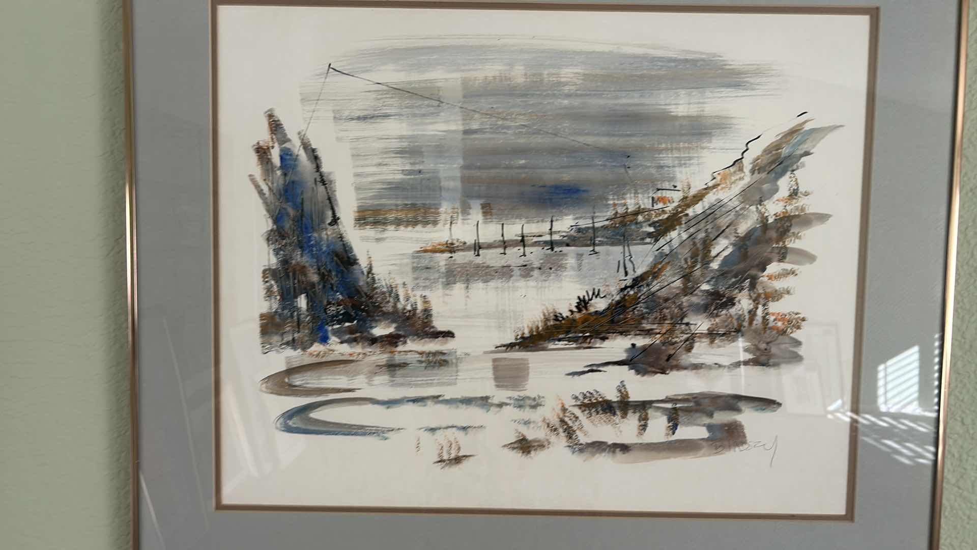 Photo 1 of GOLD-FRAMED “SEASIDE VILLAGE” WATERCOLOR BY BIRDSY. ARTWORK 29 1/4” X 24 1/4”.