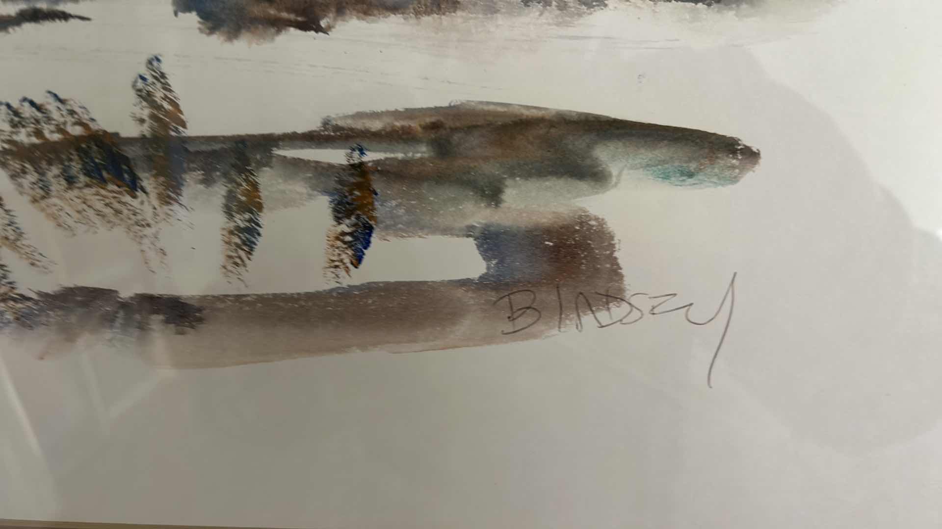 Photo 1 of GOLD-FRAMED “SEASIDE VILLAGE” WATERCOLOR BY BIRDSY. ARTWORK 29 1/4” X 24 1/4”.