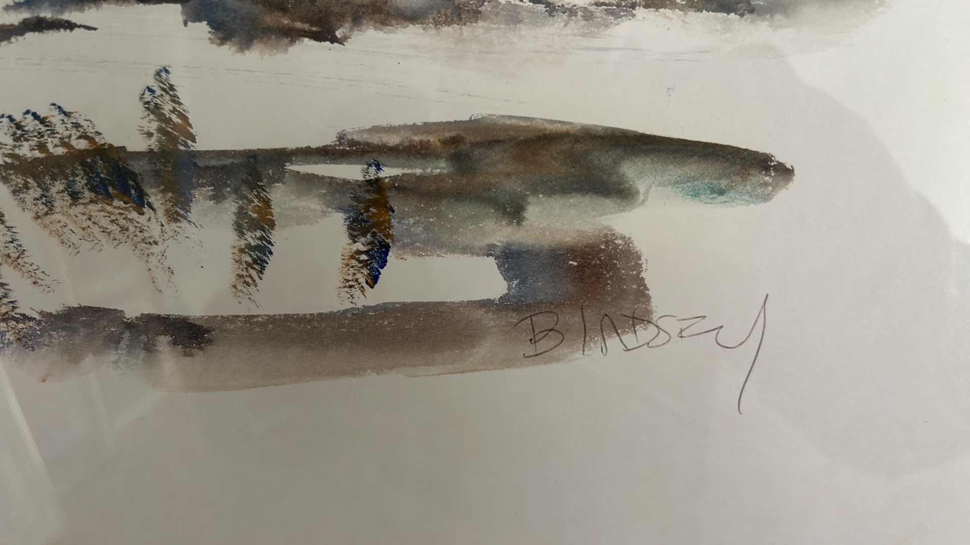 Photo 1 of GOLD-FRAMED “SEASIDE VILLAGE” WATERCOLOR BY BIRDSY. ARTWORK 29 1/4” X 24 1/4”.