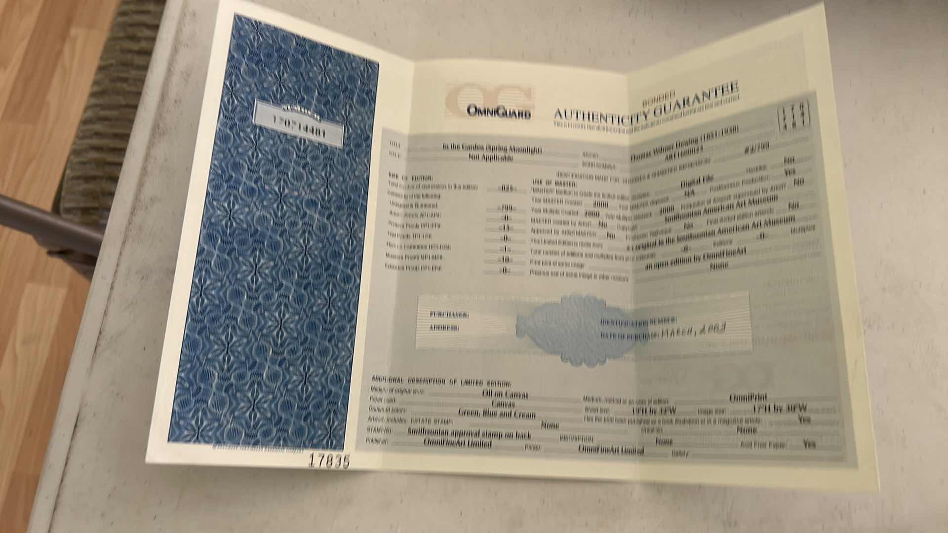 Photo 1 of GOLD-FRAMED, NUMBERED AND SIGNED, “IN THE GARDEN SPRING MOONLIGHT” BY THOMAS WILMER DEWEY, 1851-1938. OIL ON CANVAS ARTWORK WITH COA. 39 1/2” x 27”.