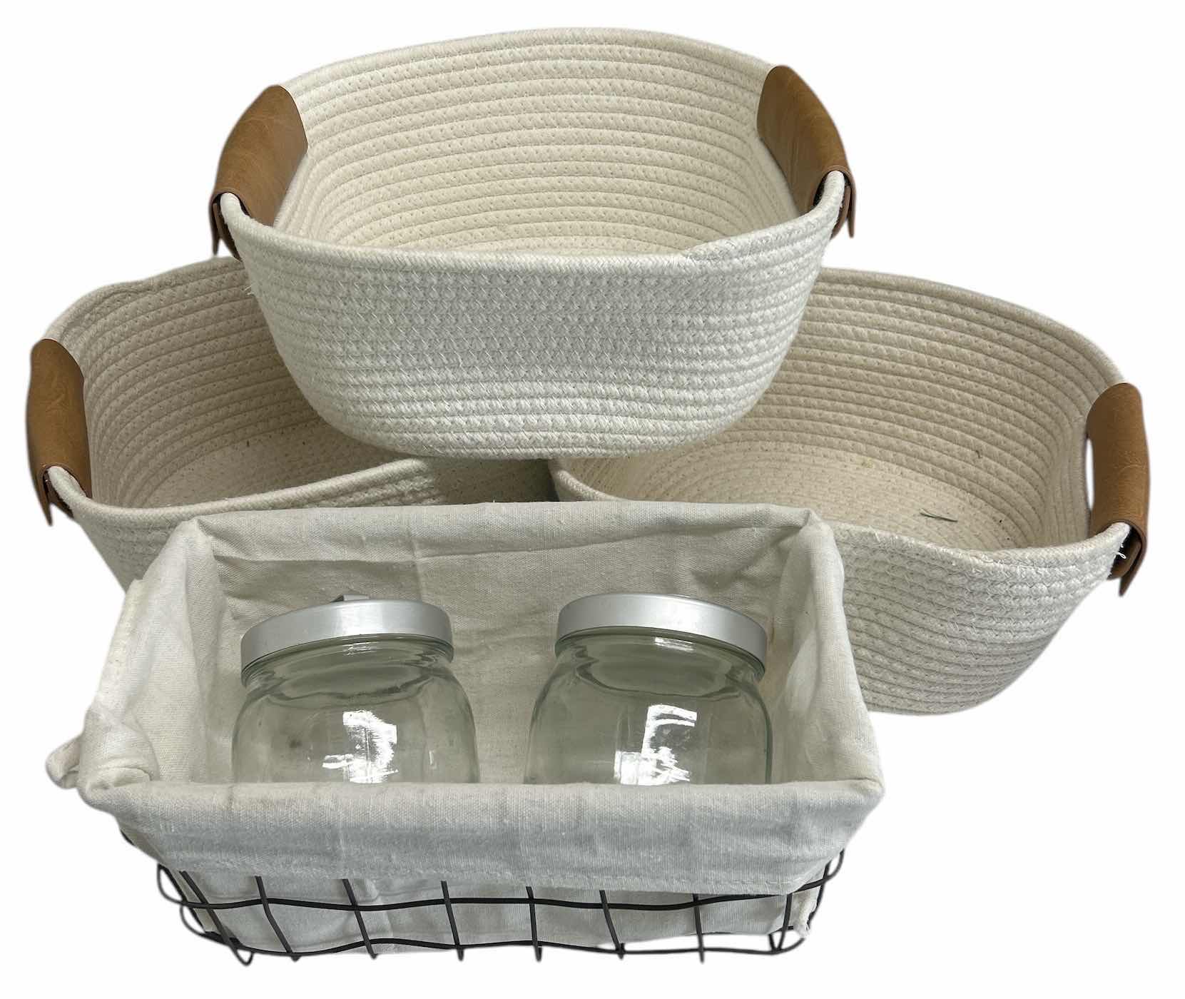 Photo 1 of 3 WOVEN BASKETS 10 1/2” x 10 1/2” x 5” AND 1 METAL BASKET WITH 2 LIDDED JARS