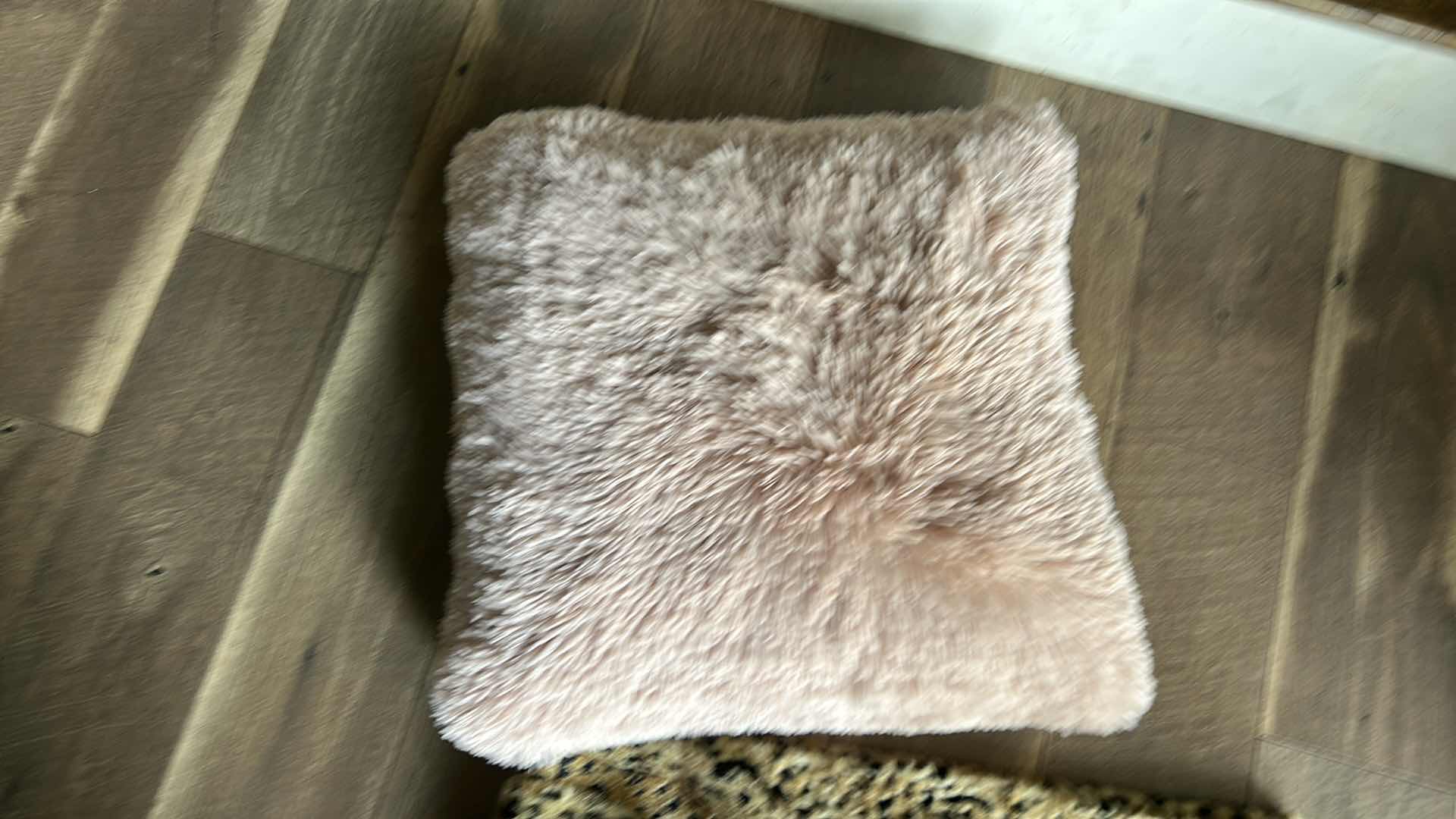 Photo 1 of FAUX ANIMAL PRINT FABRIC AND ROSE SHAGGY PILLOW 
19” x 19”