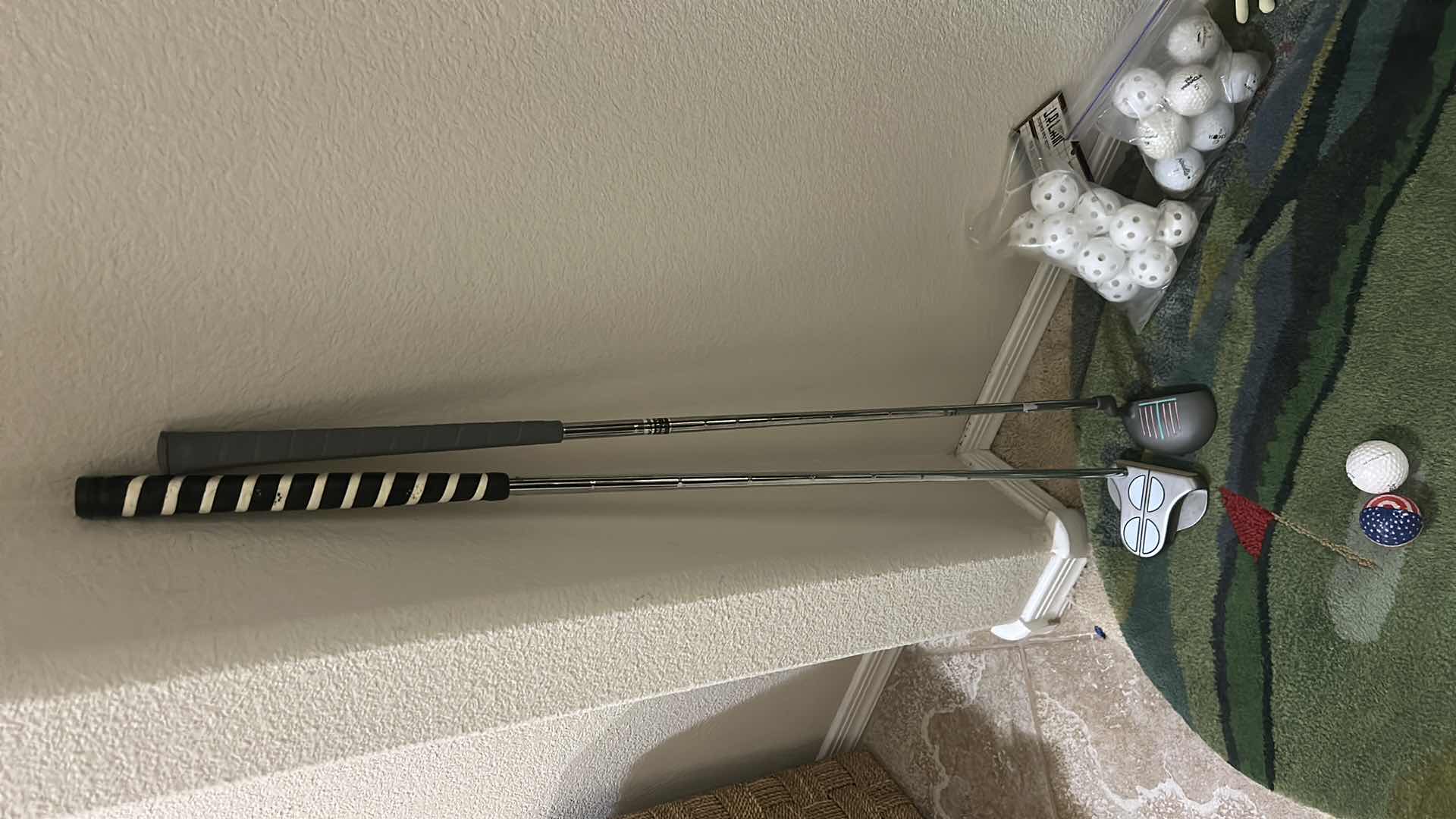 Photo 1 of 2 GOLF PUTTERS, GOLF AND WIFFLE BALLS, RUG AND FROG