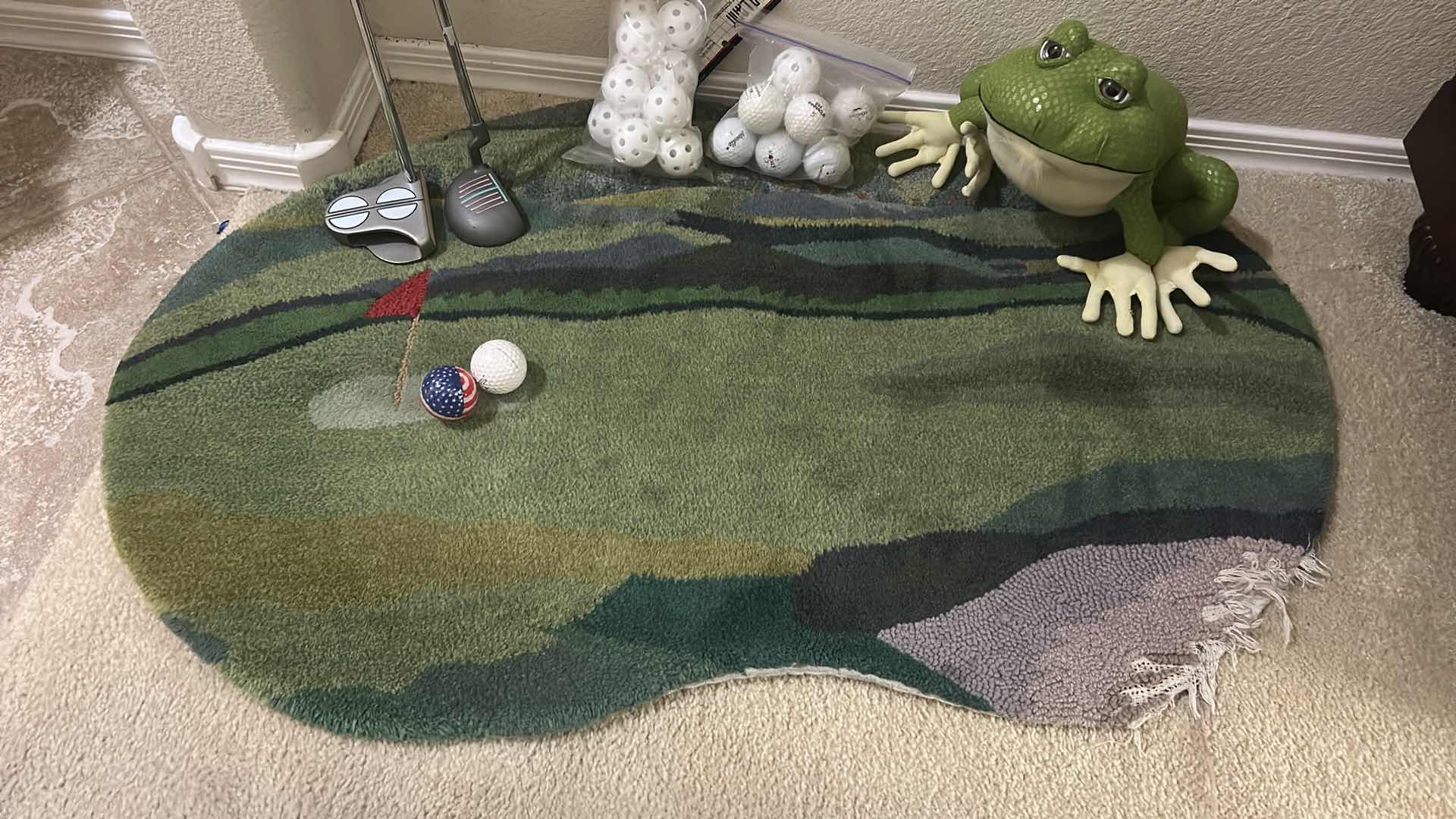 Photo 5 of 2 GOLF PUTTERS, GOLF AND WIFFLE BALLS, RUG AND FROG