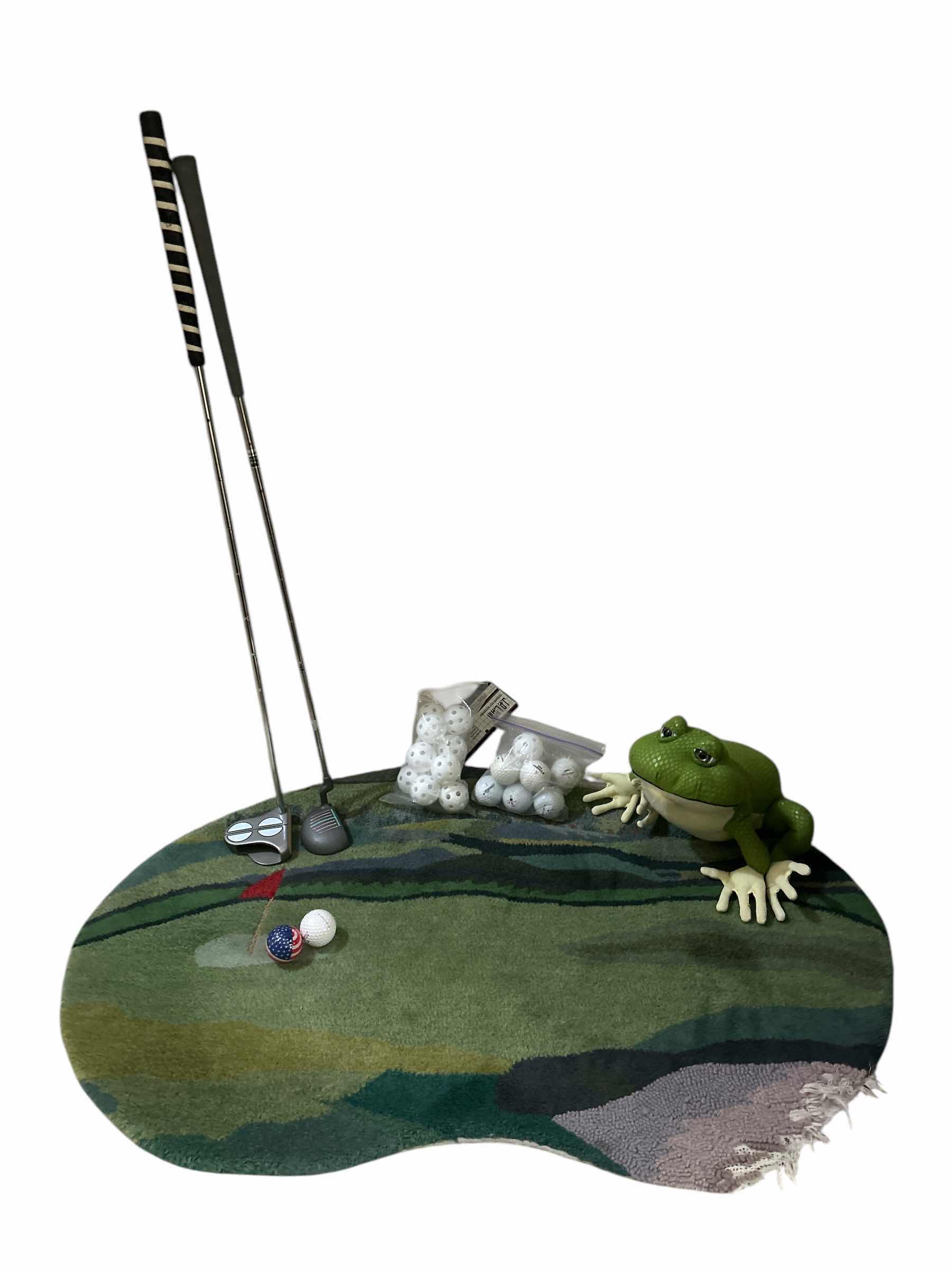 Photo 1 of 2 GOLF PUTTERS, GOLF AND WIFFLE BALLS, RUG AND FROG