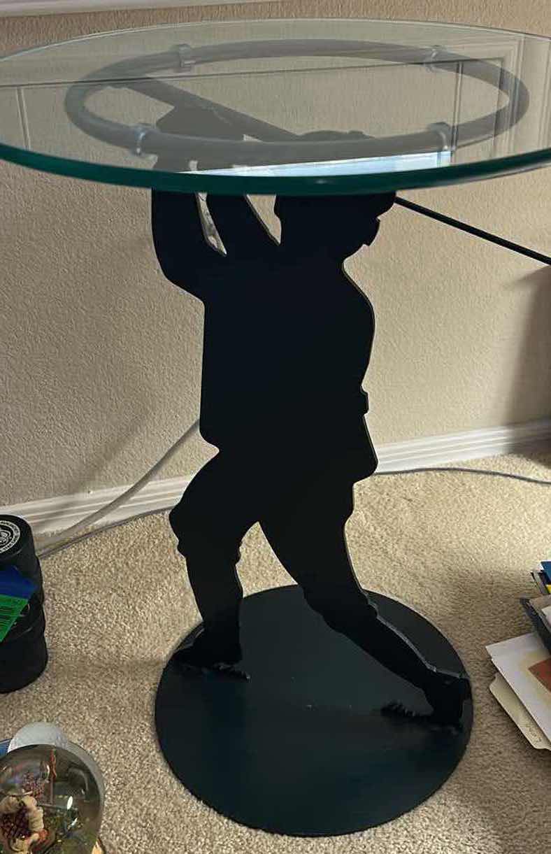 Photo 1 of METAL GLASS TOP GOLF ACCENT TABLE 18” x H23 1/2”