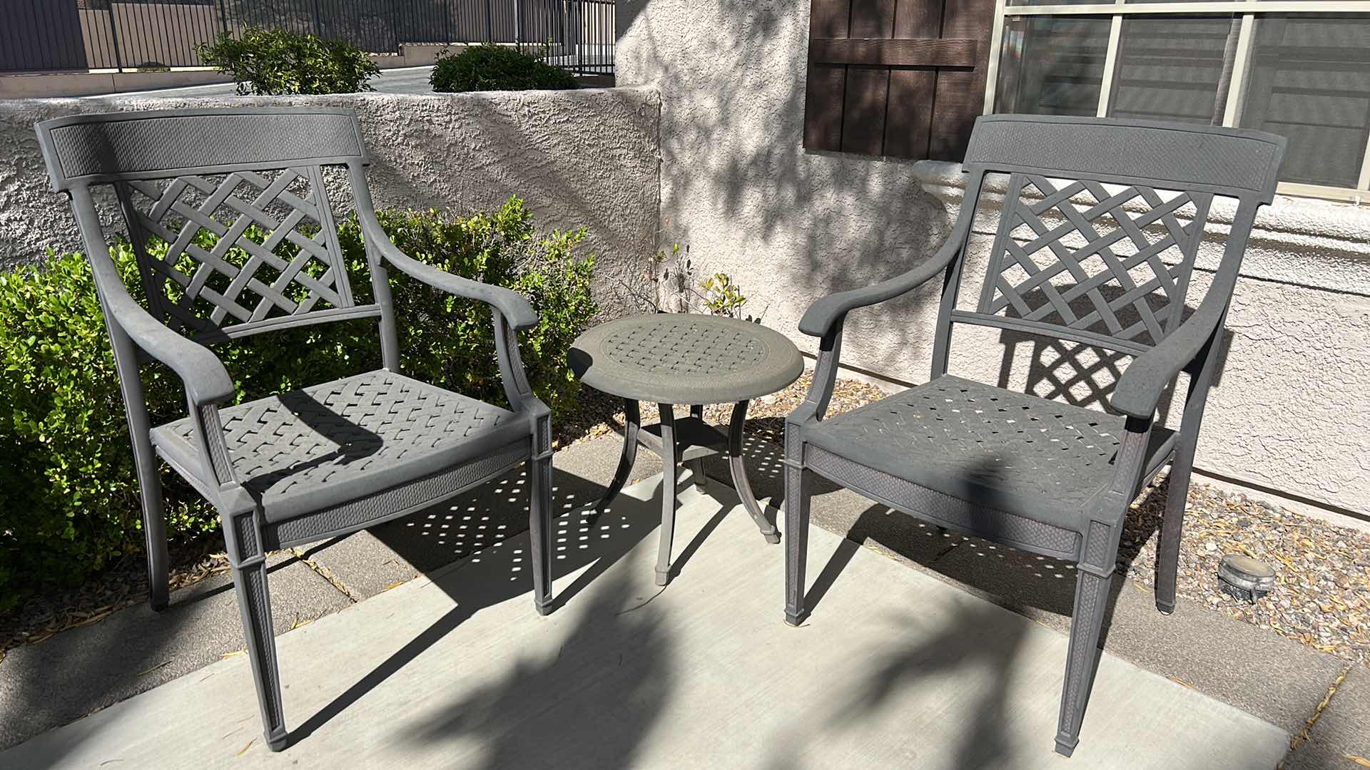 Photo 1 of 2 HEAVY METAL OUTDOOR PATIO CHAIRS H37” & TABLE 30” x 29”