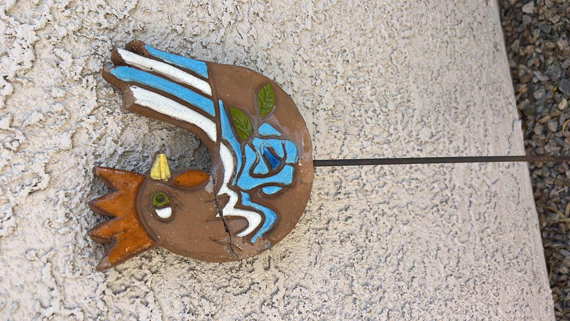 Photo 1 of OUTDOOR DECOR- PAINTED GLAZED POTTERY BIRD ON MOST H28”