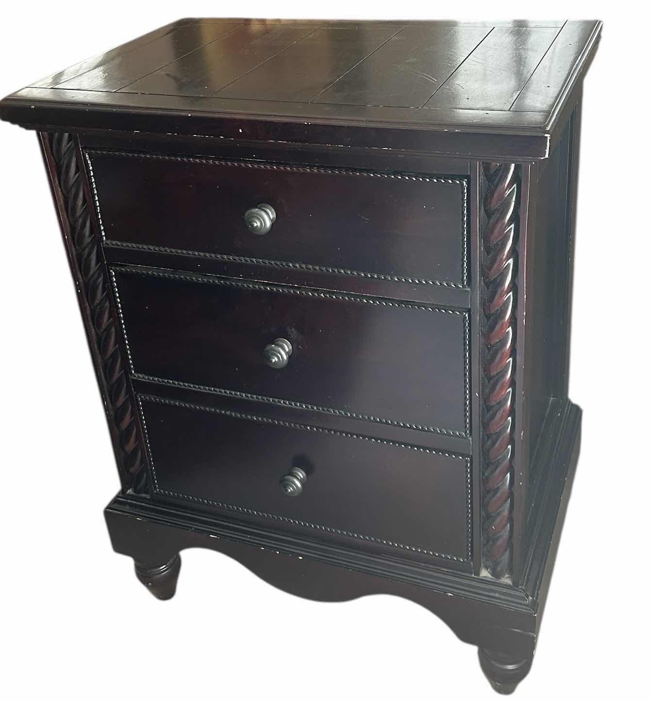 Photo 1 of BLACK WOOD 3 DRAWER NIGHTSTAND END TABLE 27” x 18 1/2” x H35 1/2”