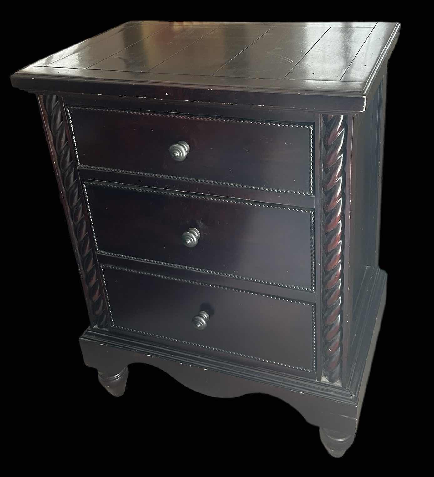 Photo 2 of BLACK WOOD 3 DRAWER NIGHTSTAND END TABLE 27” x 18 1/2” x H35 1/2”
