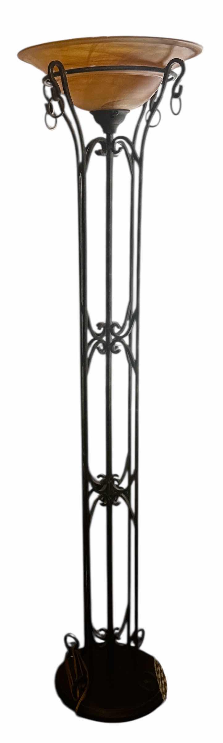 Photo 1 of 6' WROUGHT IRON ART DECO FLOOR LAMP W AMBER BOWL UP GLASS LIGHT