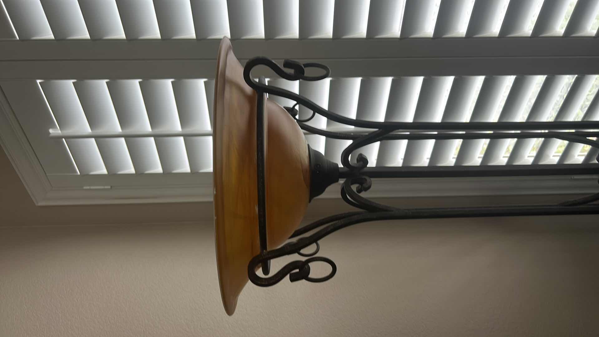 Photo 1 of 6' WROUGHT IRON ART DECO FLOOR LAMP W AMBER BOWL UP GLASS LIGHT