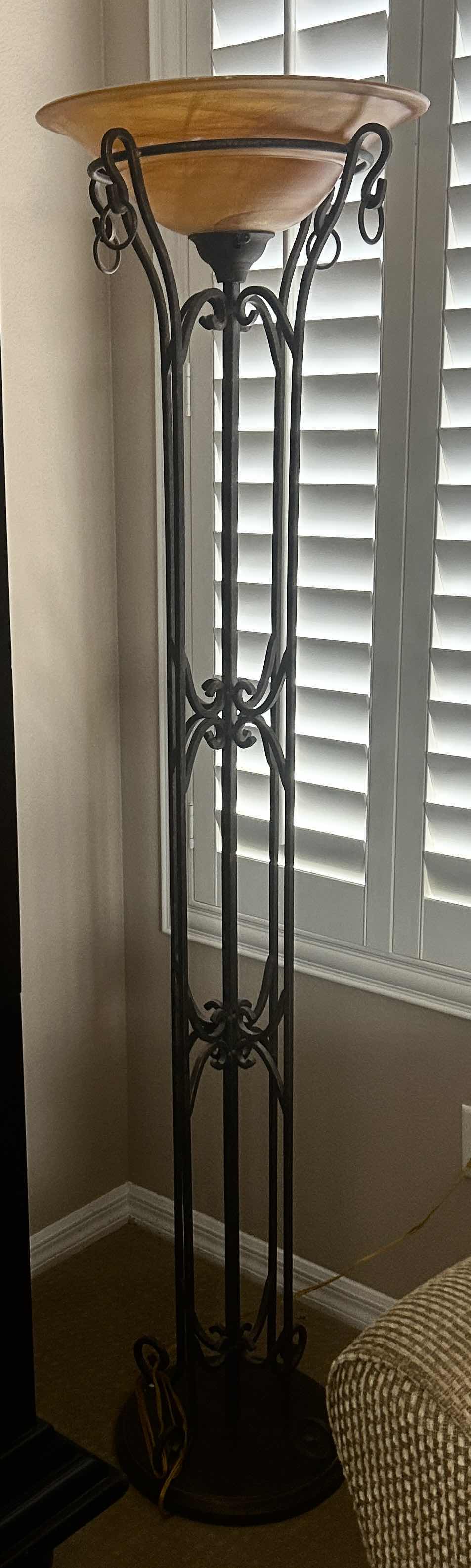 Photo 1 of 6' WROUGHT IRON ART DECO FLOOR LAMP W AMBER BOWL UP GLASS LIGHT