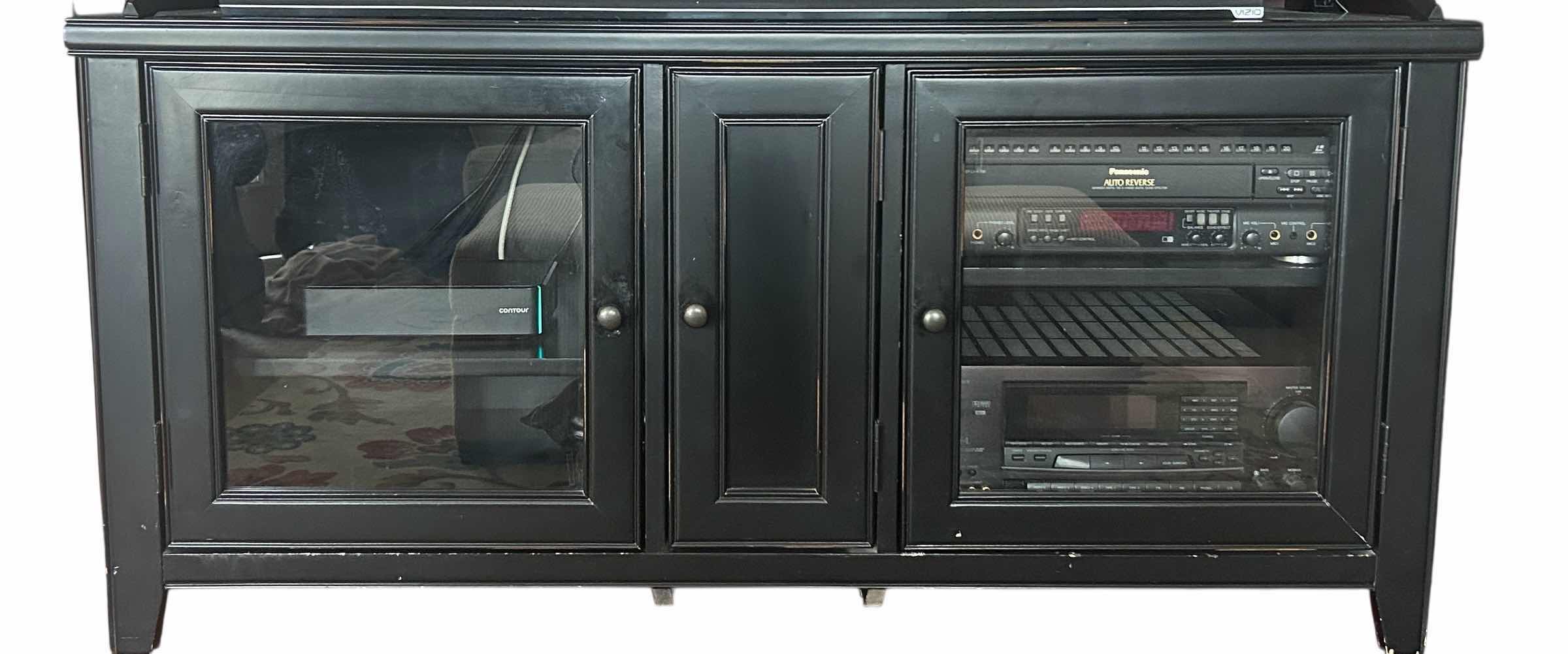 Photo 1 of BLACK WOOD W. GLASS DOOR PANELS MEDIA CABINET (ELECTRONICS & CONTENTS NOT INCLUDED) 51” X 20“ X H24“