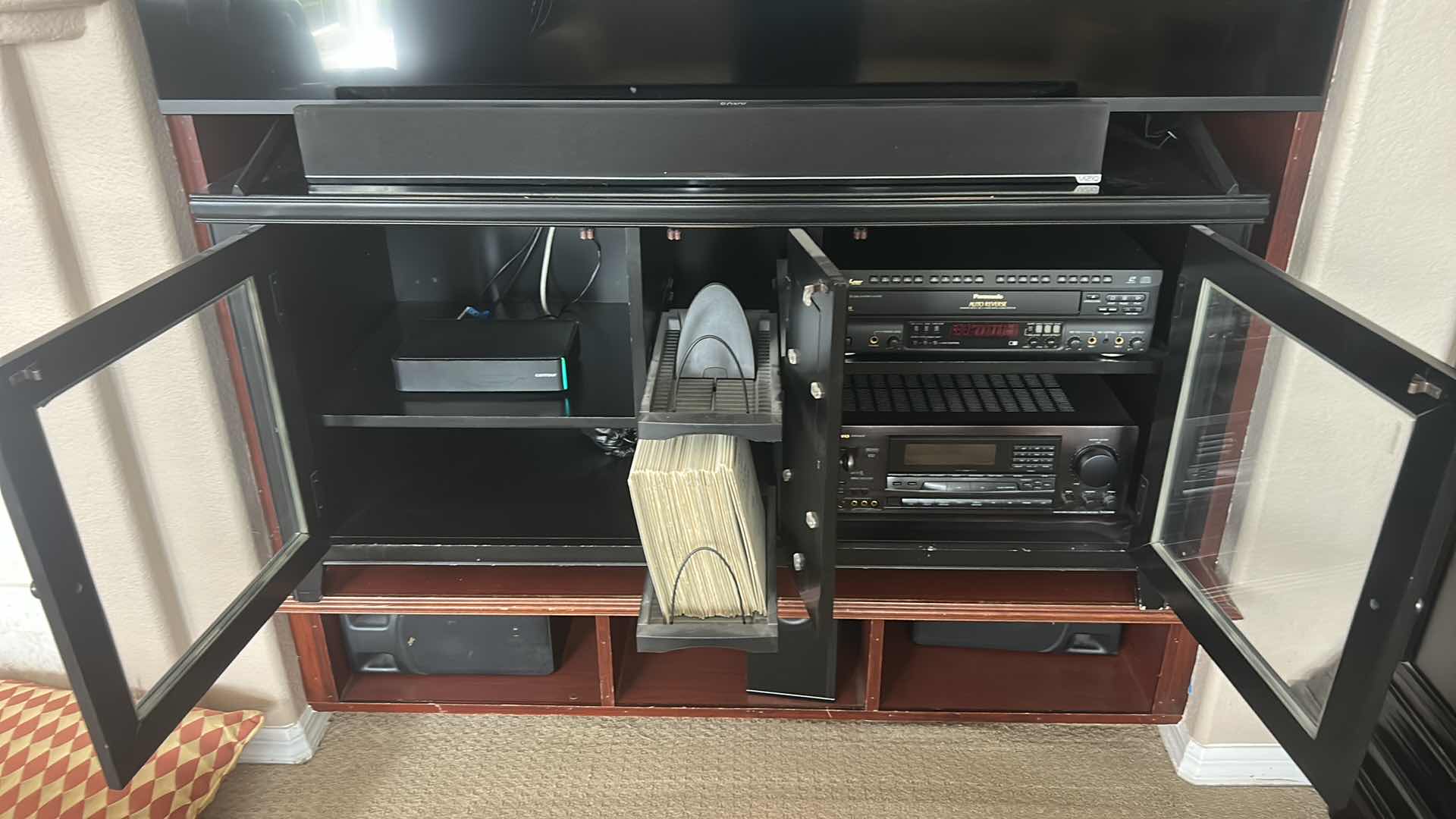 Photo 1 of BLACK WOOD W. GLASS DOOR PANELS MEDIA CABINET (ELECTRONICS & CONTENTS NOT INCLUDED) 51” X 20“ X H24“