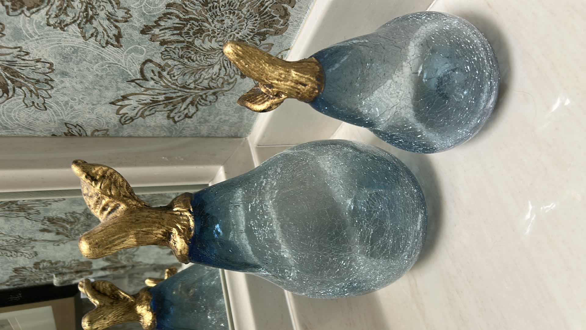 Photo 1 of 2-BLOWN BLUE CRACKLE GLASS PEARS W GOLD TOPS (TALLEST 10.5”)