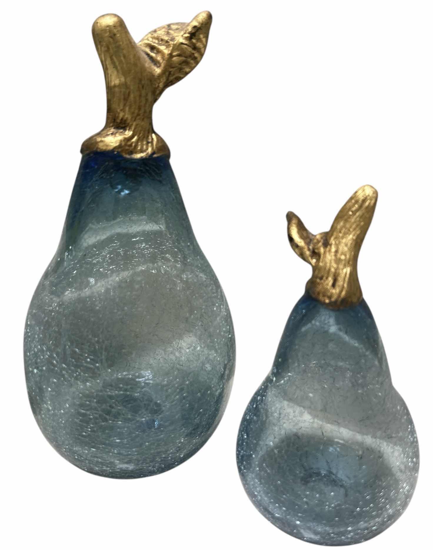 Photo 1 of 2-BLOWN BLUE CRACKLE GLASS PEARS W GOLD TOPS (TALLEST 10.5”)