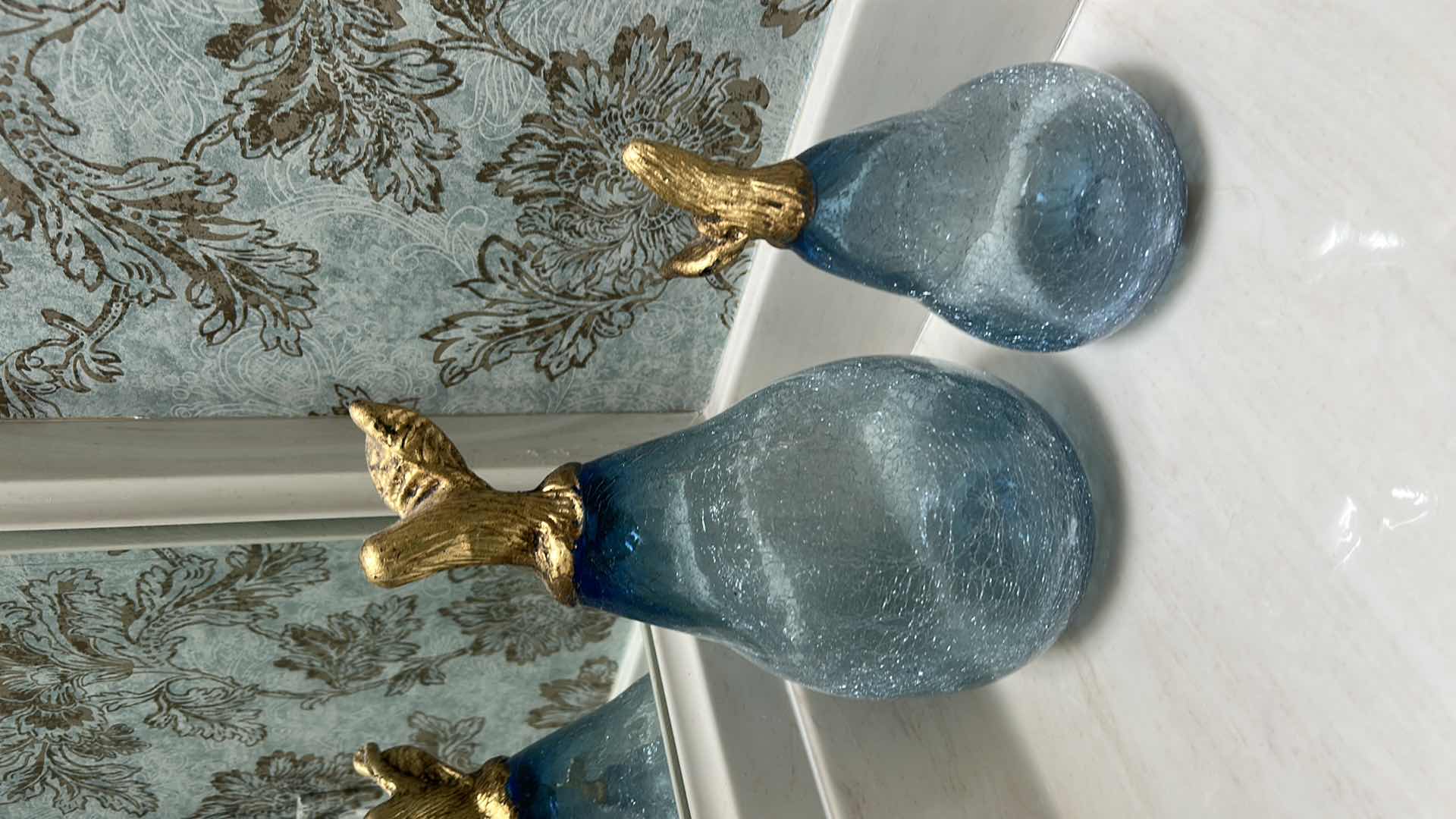 Photo 1 of 2-BLOWN BLUE CRACKLE GLASS PEARS W GOLD TOPS (TALLEST 10.5”)