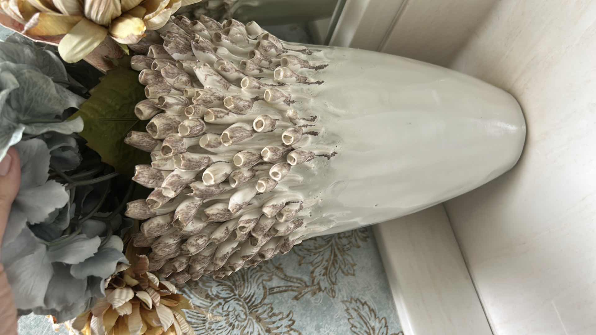 Photo 1 of CERAMIC SEA URCHIN VASE H13.5” WITH FAUX FLOWERS