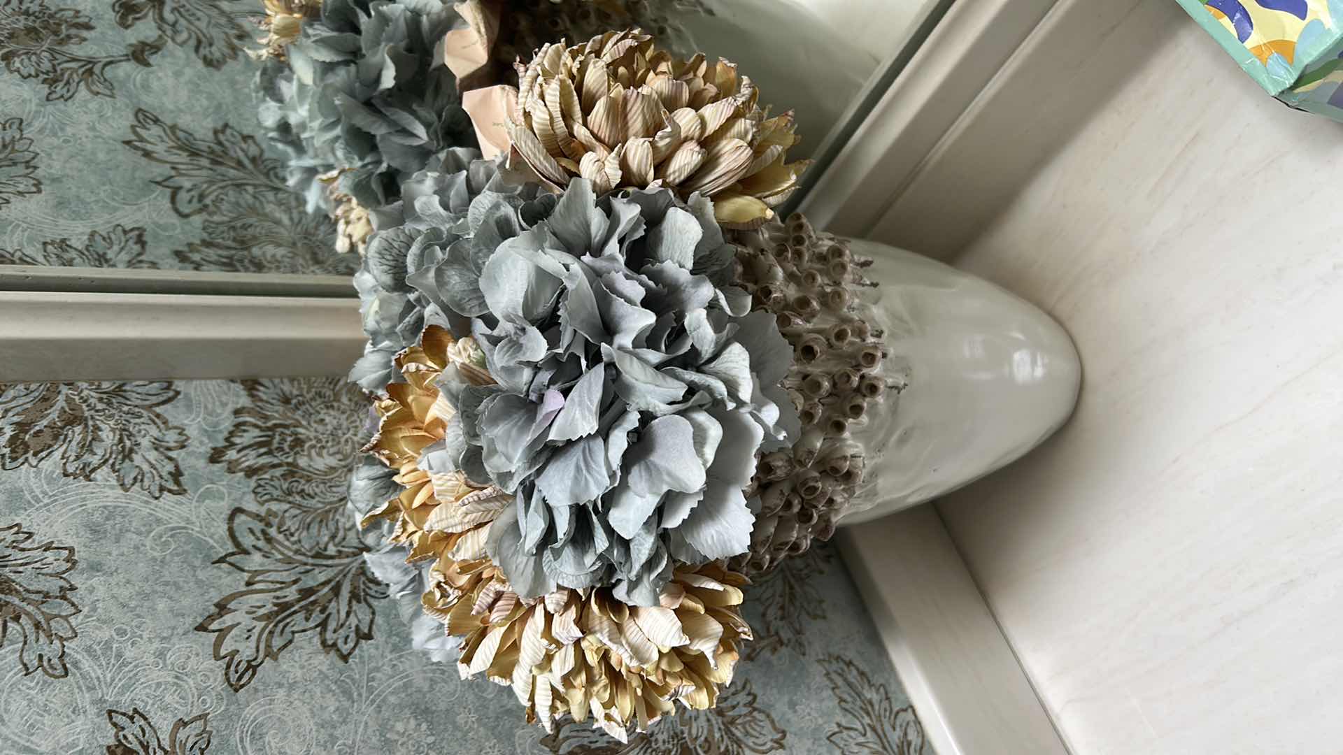 Photo 1 of CERAMIC SEA URCHIN VASE H13.5” WITH FAUX FLOWERS